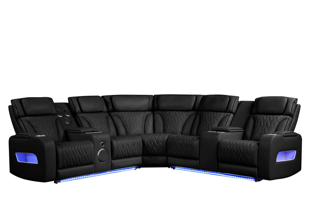Jazz 117"W Black Leather Aire Transformer Power Reclining Sectional Sofa with Power Headrest, Bluetooth Speakers, LED Lights, USB & USB-C Ports, Storage & Cupholders