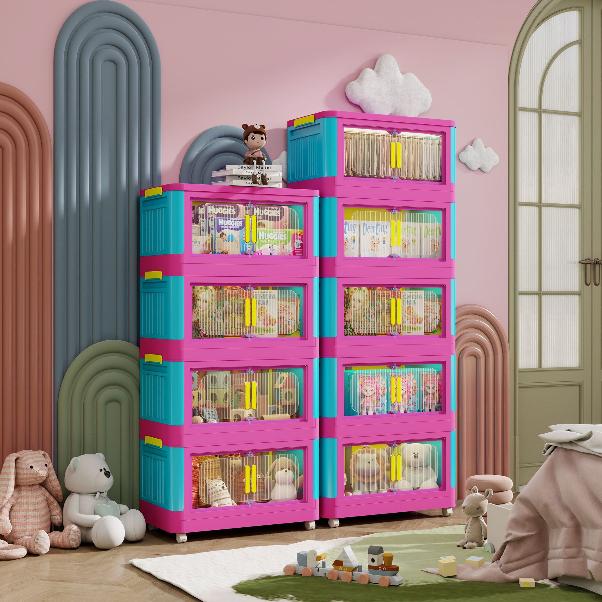 Folding Storage Cabinet With Magnetic Doors And Wheels