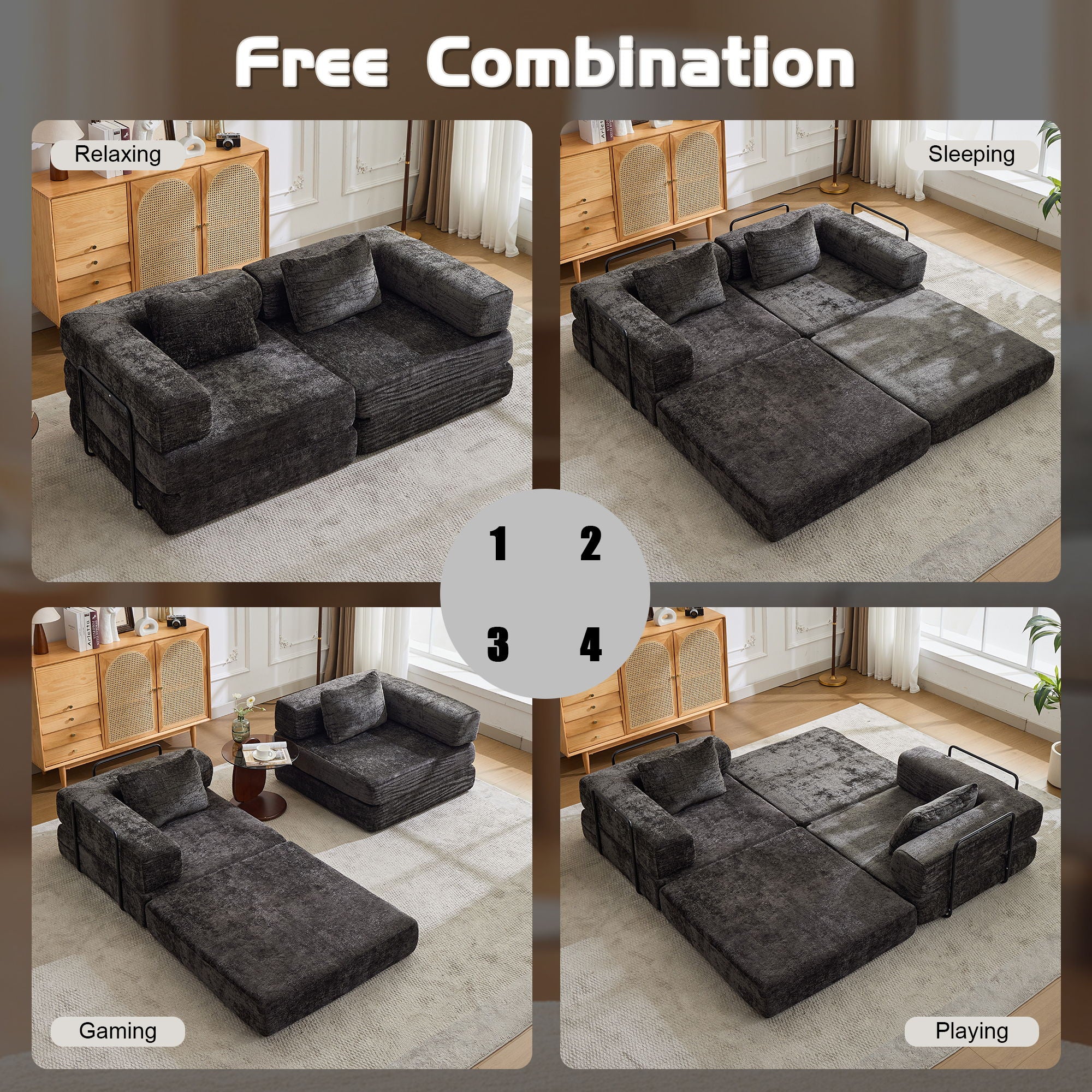 Convertible Floor Sofa Bed With Pillow Back Support Armrest