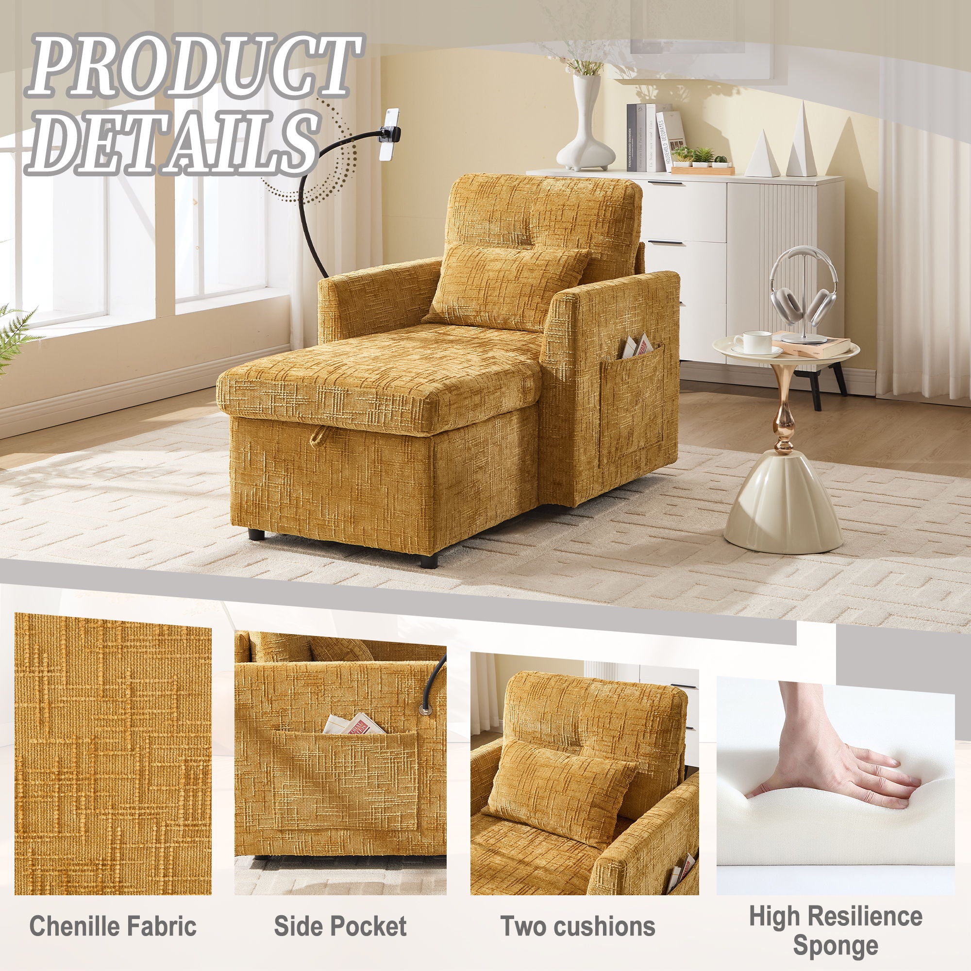 Multifunctional Chenille Recliner Sofa With Storage And Phone Bracket