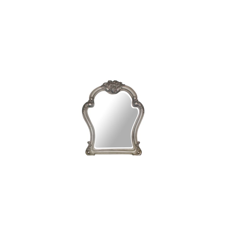 ACME Create an elegant, classy design in your bedroom with the Dresden gold patina and bone mirror. This mirror features a beautiful scrolled frame with beveled edges. Add this mirror to any other piece from this collection to create the perfect bedroom.