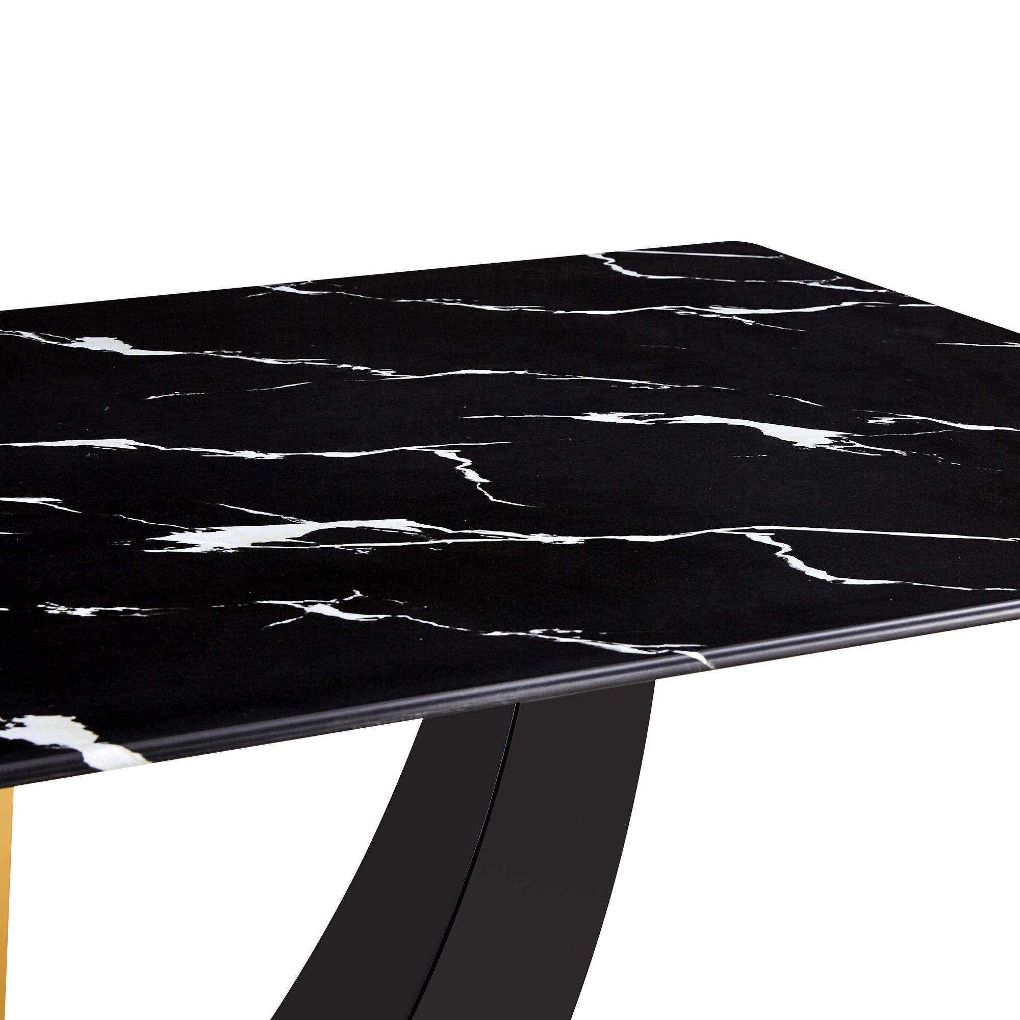 Modern Minimalist Luxurious Imitation Marble Dining Table Rectangular Office Desk With Tempered Glass - Black