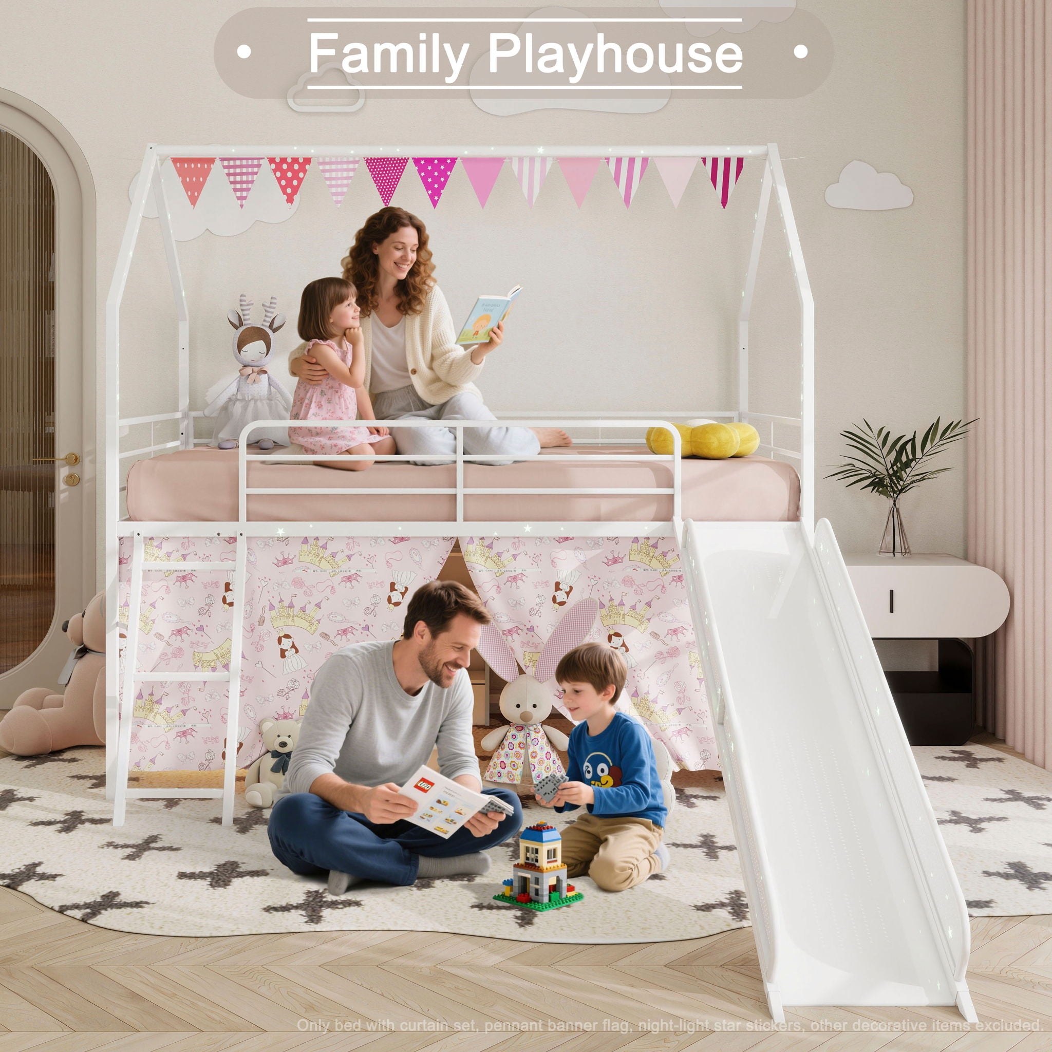 Jack - House Loft Bed With Slide And Curtain Set