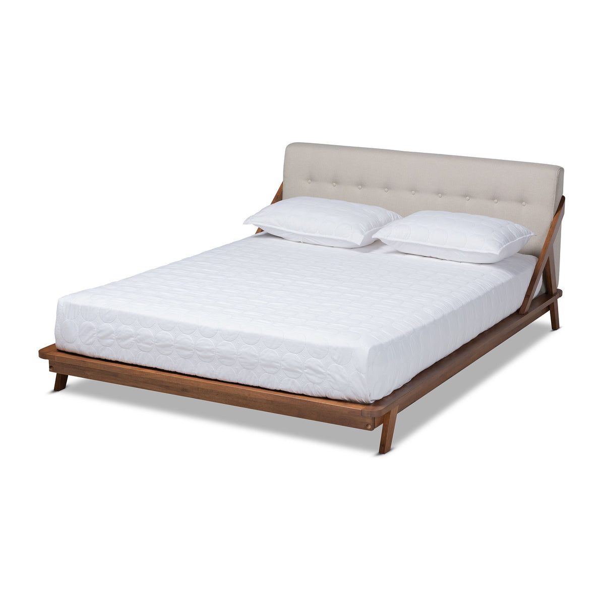 Sante Mid-Century Modern Light Beige Fabric Upholstered Wood Queen Size Platform Bed