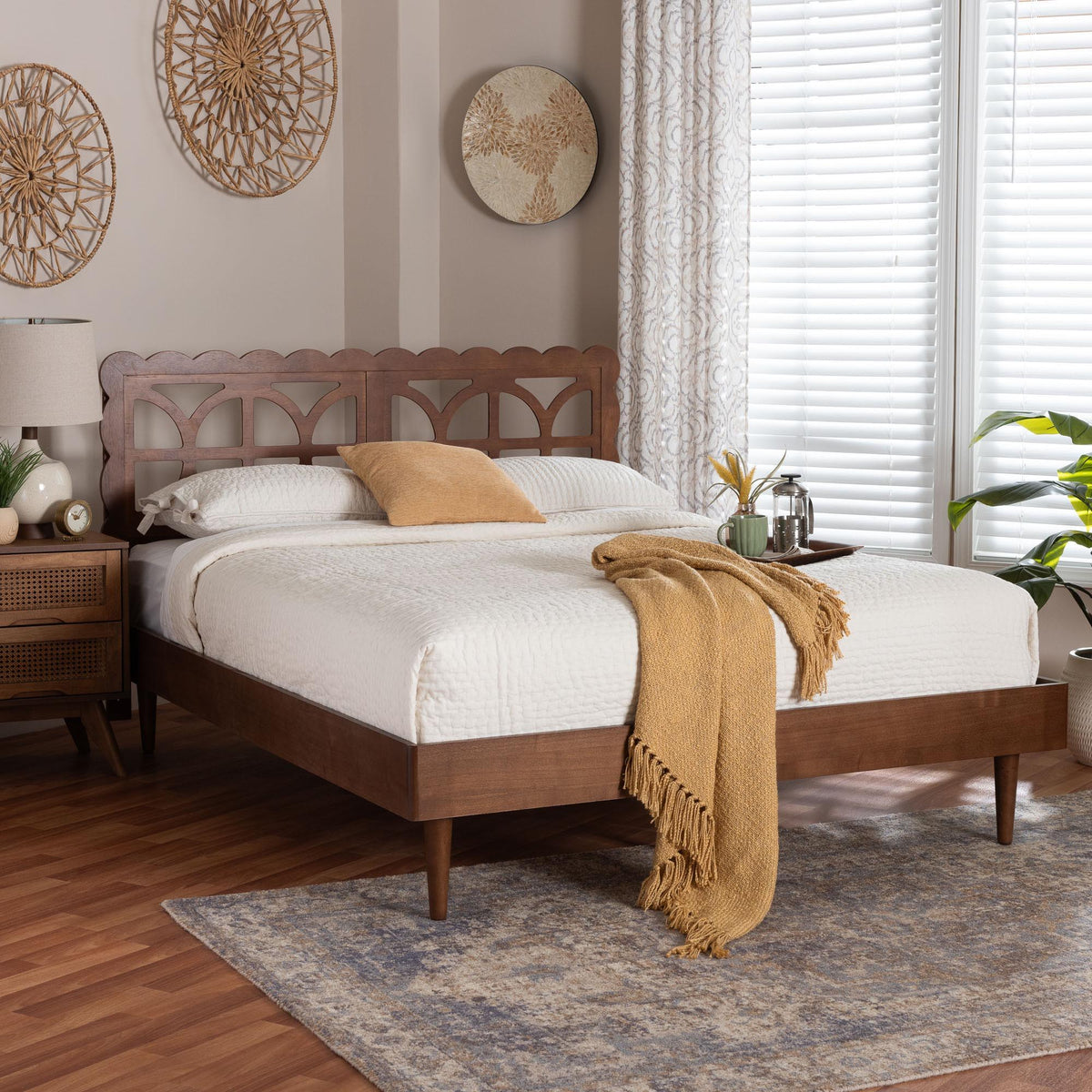 Onyeka Platform Bed - Mid-Century Modern Bed with Lasercut Headboard and Scalloped Detailing for Bedroom or Guestroom, Queen