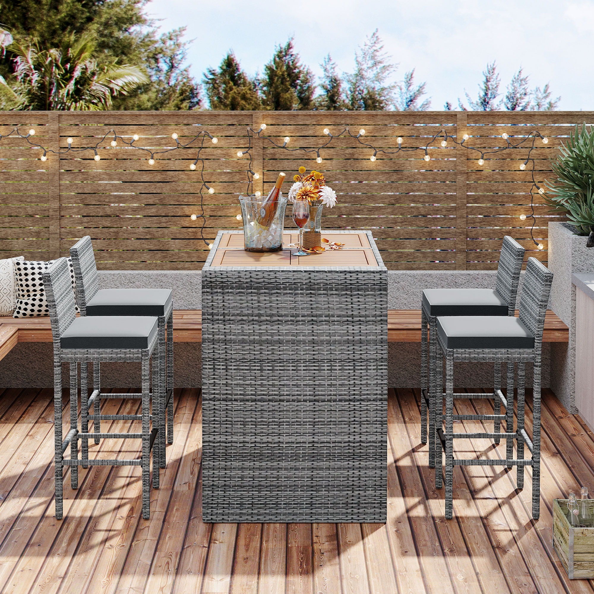5 Pieces Outdoor Patio Wicker Bar Set, Bar Height Chairs With Non-Slip Feet And Fixed Rope, Removable Cushion, Acacia Wood Table Top - Brown / Gray