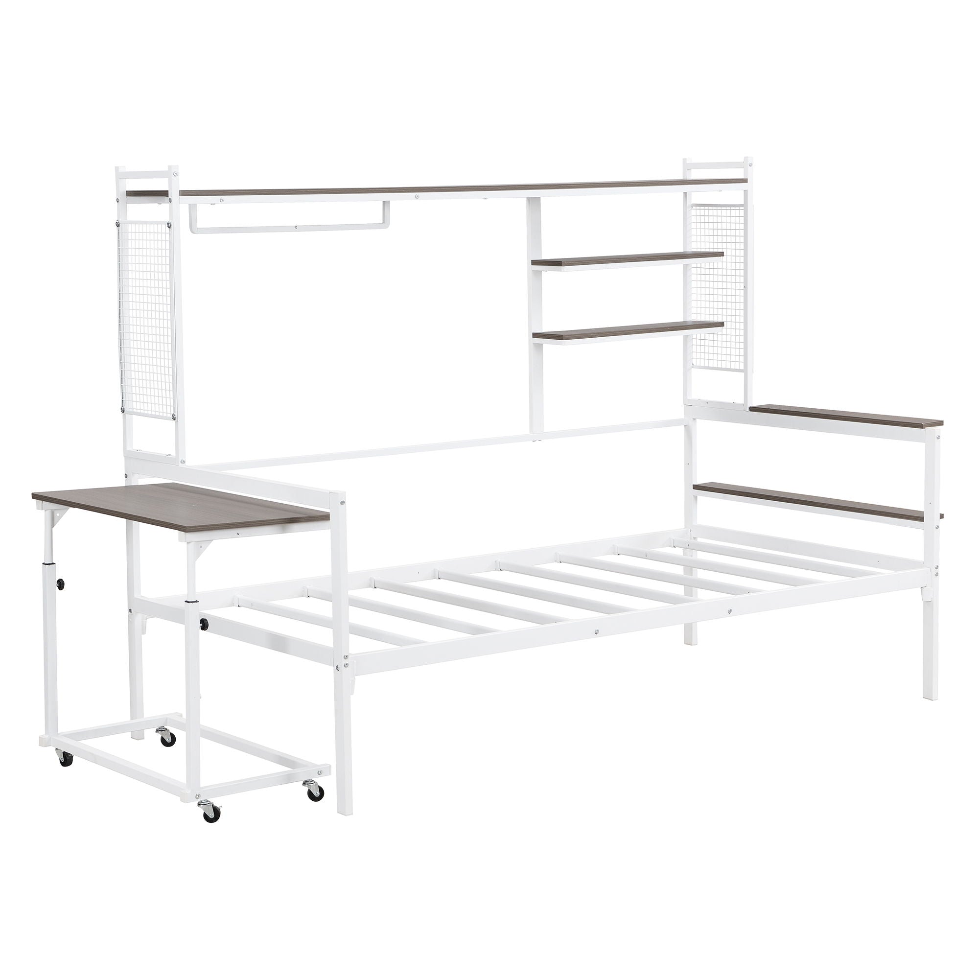 Daybed With Movable Desk, Grid, Shelves And Clothes Hanger