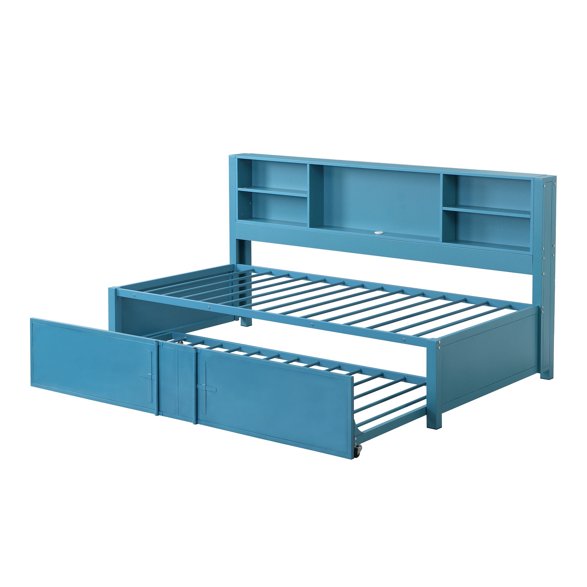 Industrial Metal Daybed With Trundle, Storage Shelves, USB Ports