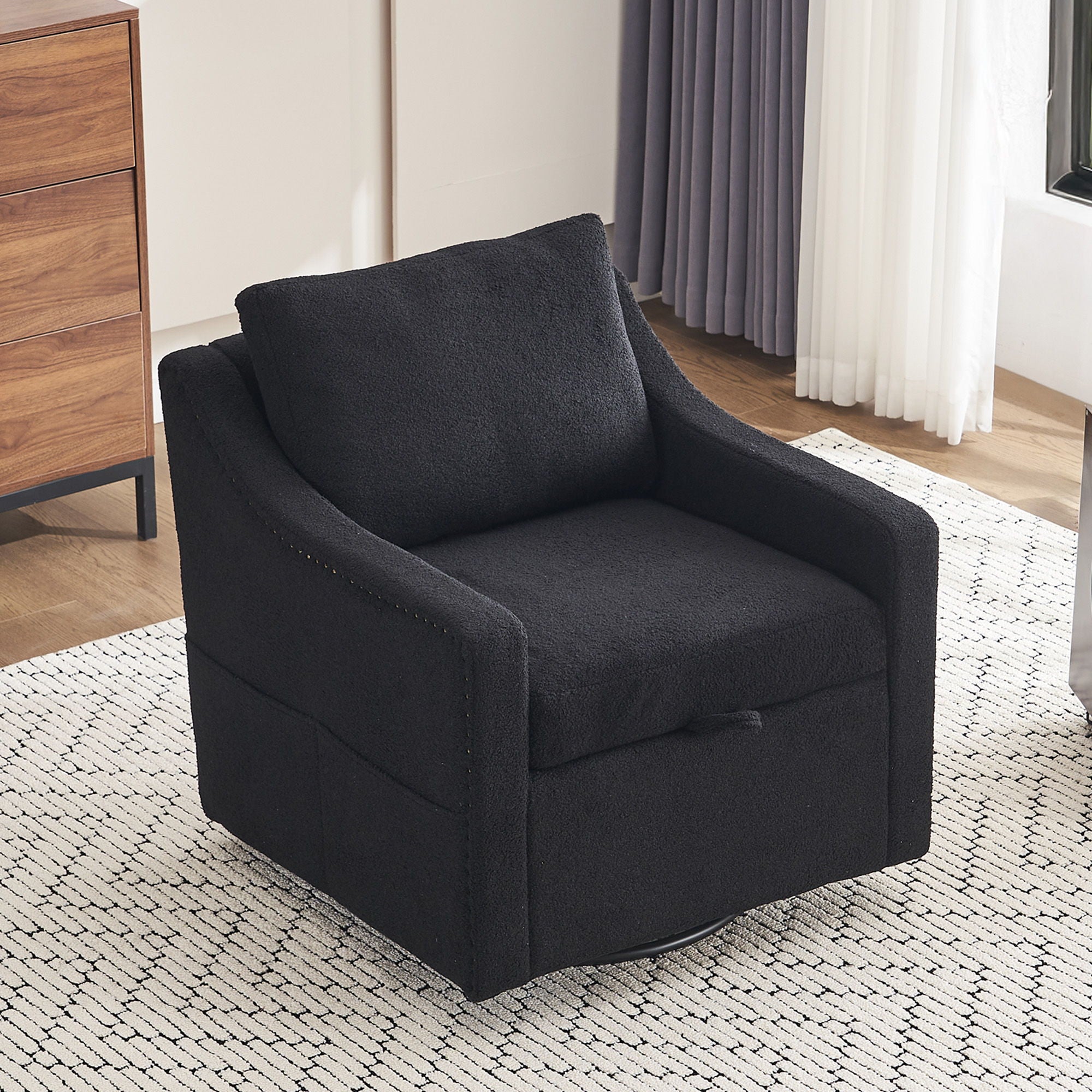 Linen Fabric 360° Swivel Accent Chair With Upholstered Back Pillow And Rivet Armrest