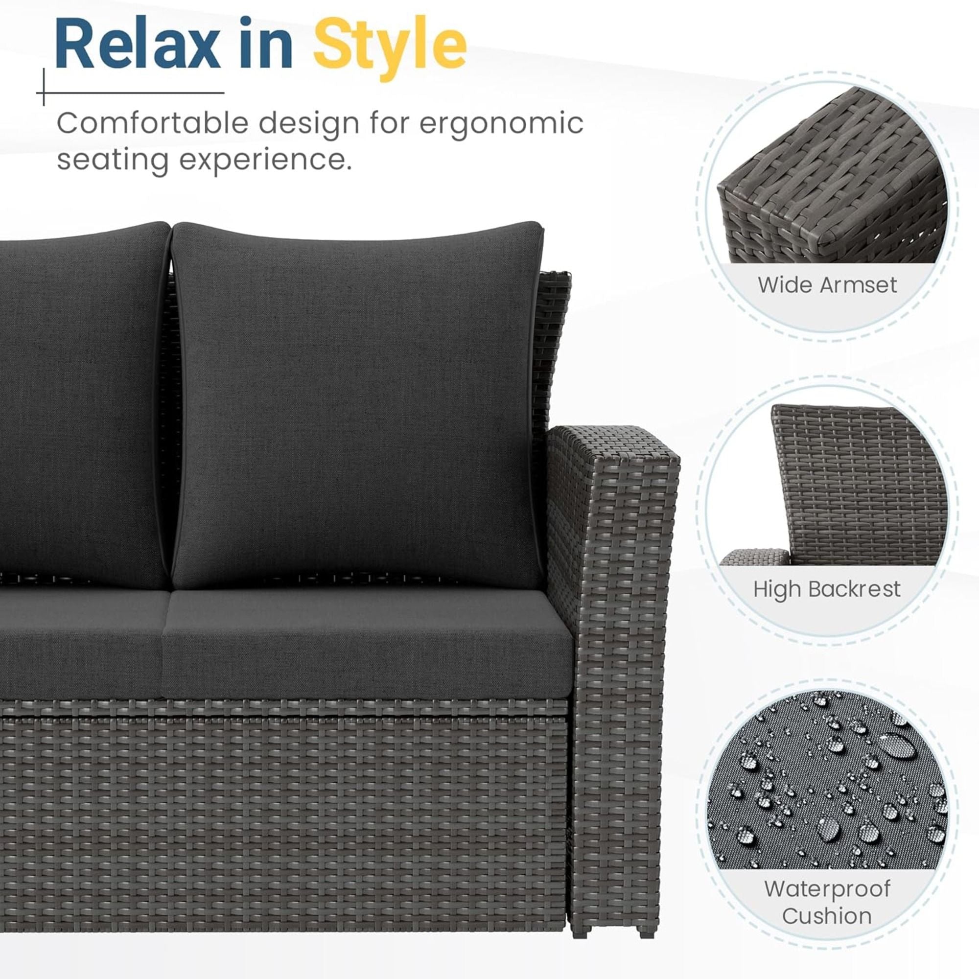 All-Weather Wicker 3 Seat Patio Sofa With Thick Cushions
