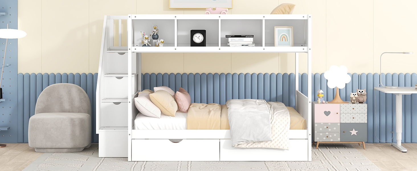 Bunk Bed With Shelfs, Storage Staircase And 2 Drawers