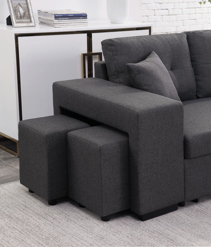 Dennis 93"W Dark Gray Linen Fabric Reversible Sleeper Sectional with Storage Chaise and 2 Stools