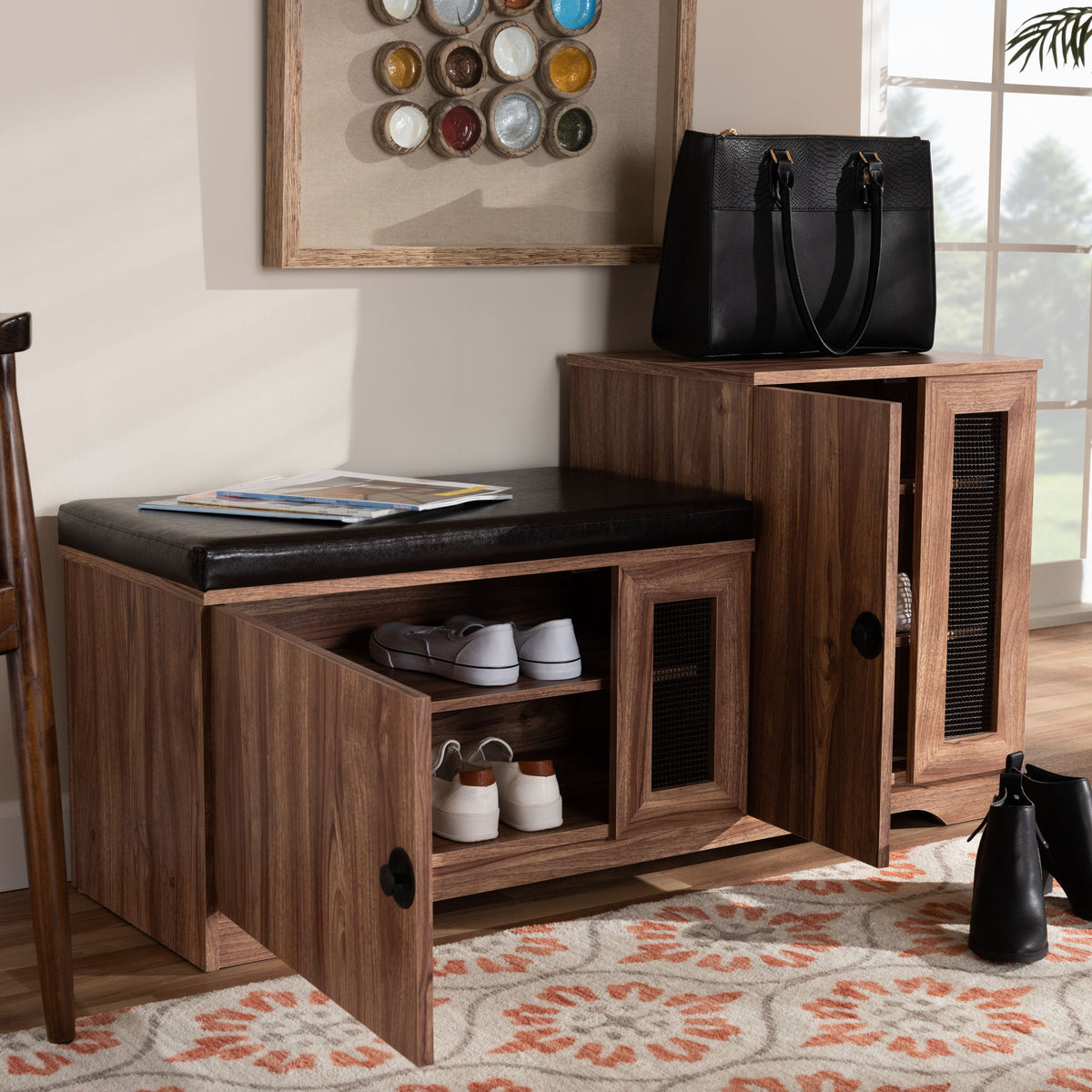 Valina Modern and Contemporary Dark Brown Faux Leather Upholstered 2-Door Wood Shoe Storage Bench with Cabinet
