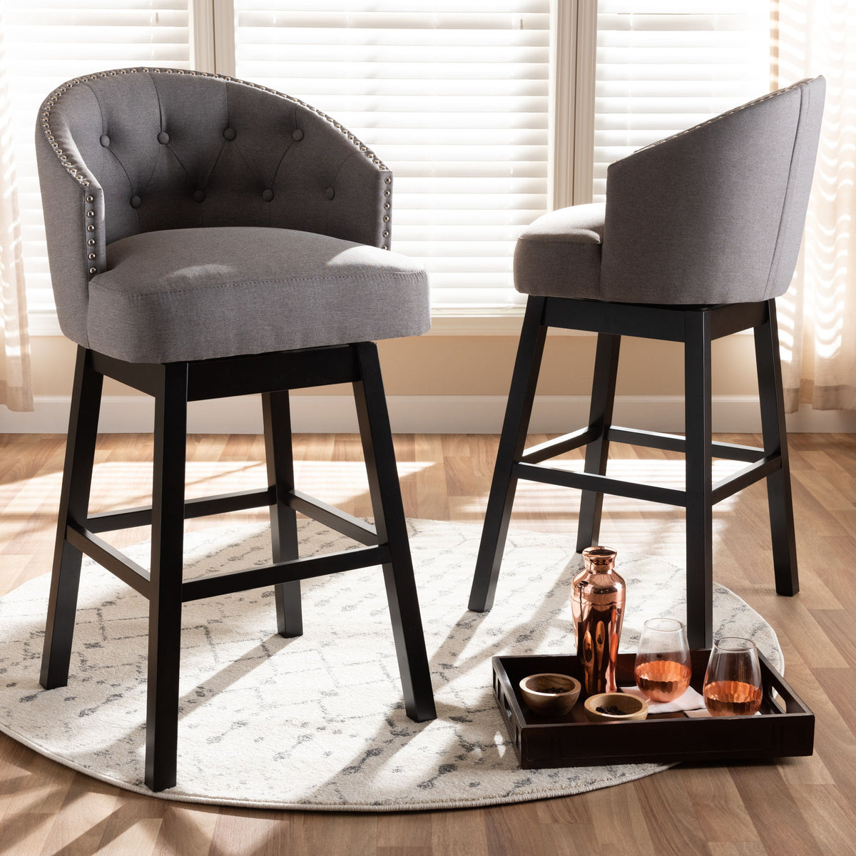 Theron Transitional Gray Fabric Upholstered Wood Swivel Bar Stool Set of 2