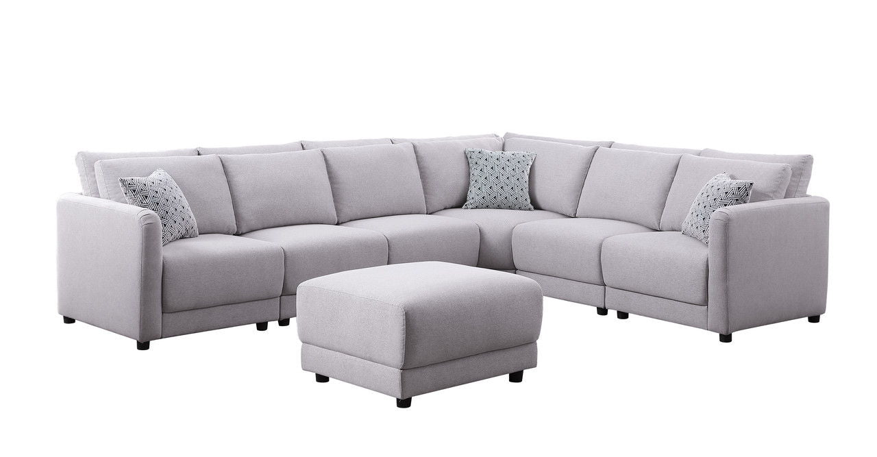 Penelope 120"W Light Gray Linen Fabric Reversible 7PC Modular Sectional Sofa with Ottoman and Pillows