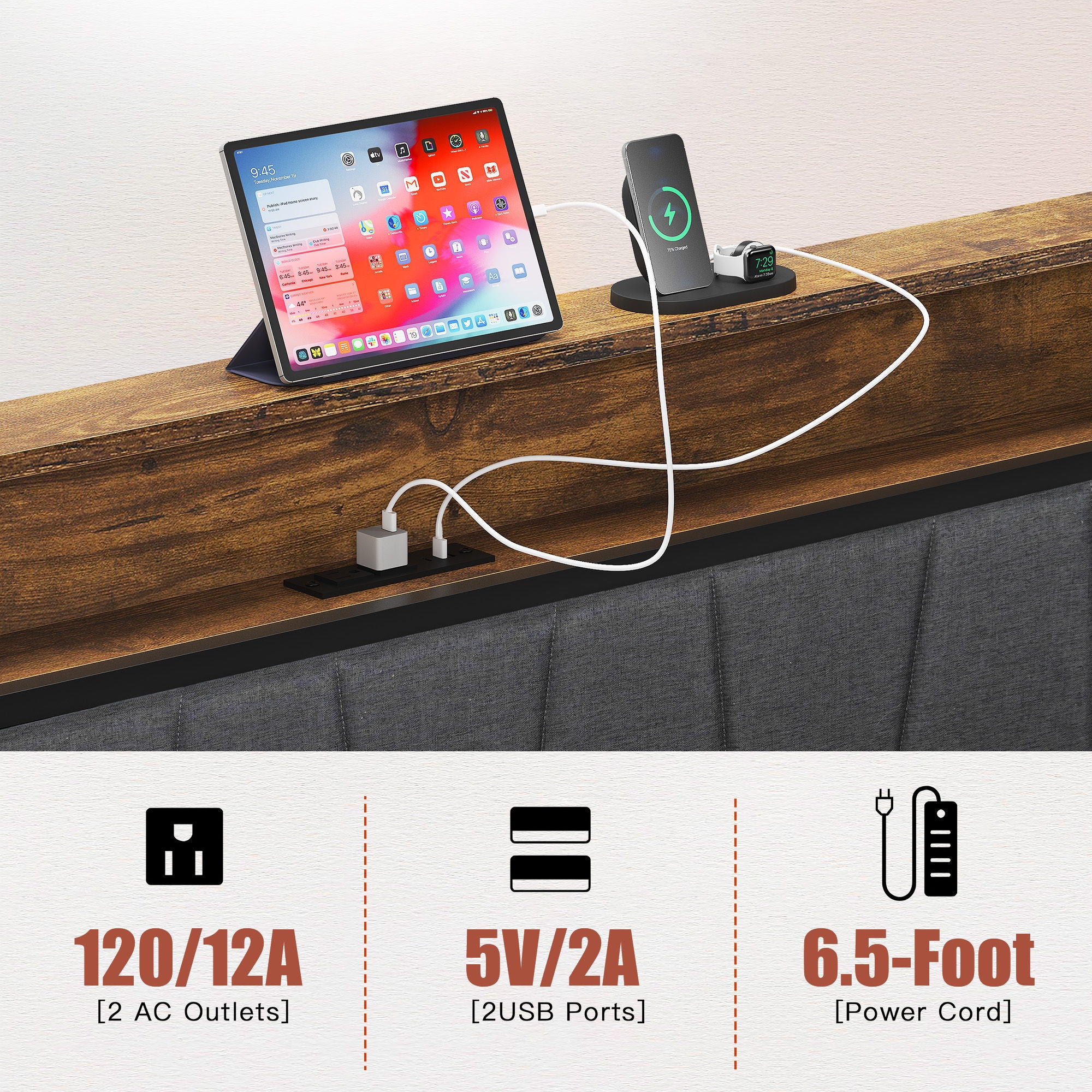 Upholstered Platform Bed Frame With Storage Drawers, USB Ports, LED Lights