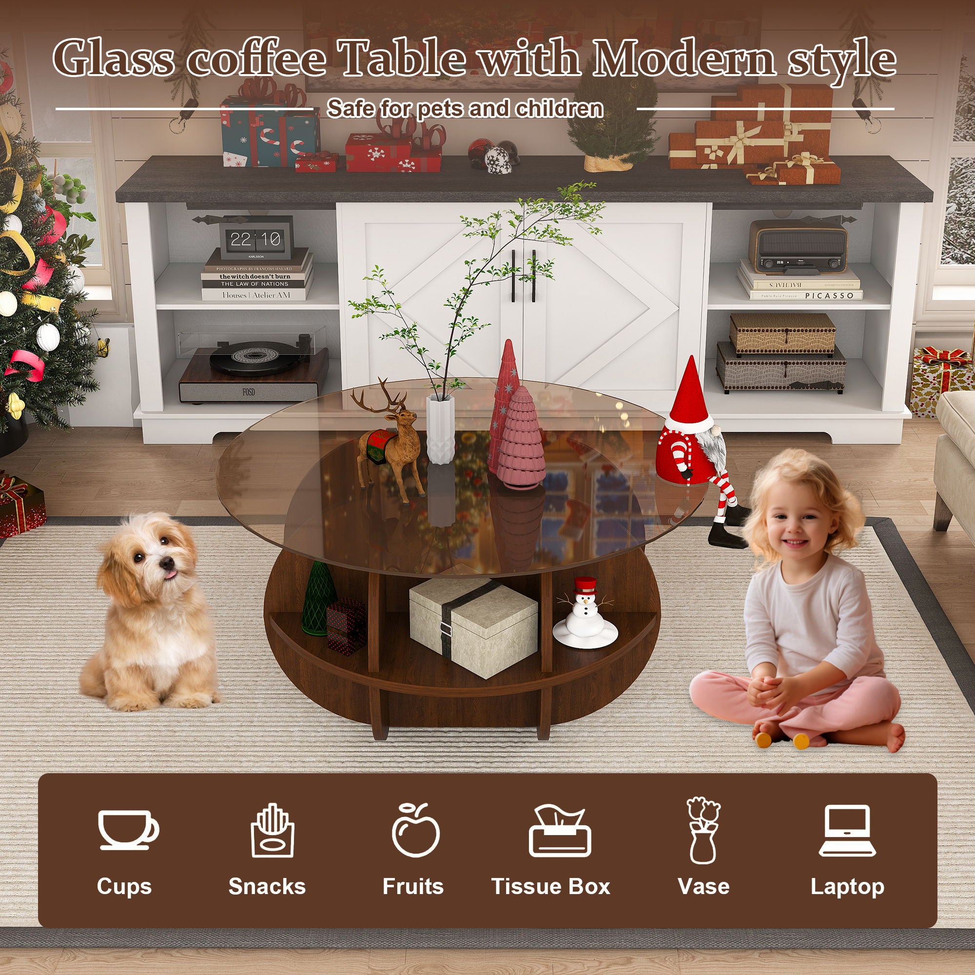 Round Coffee Table With Storage For Living Room - Walnut