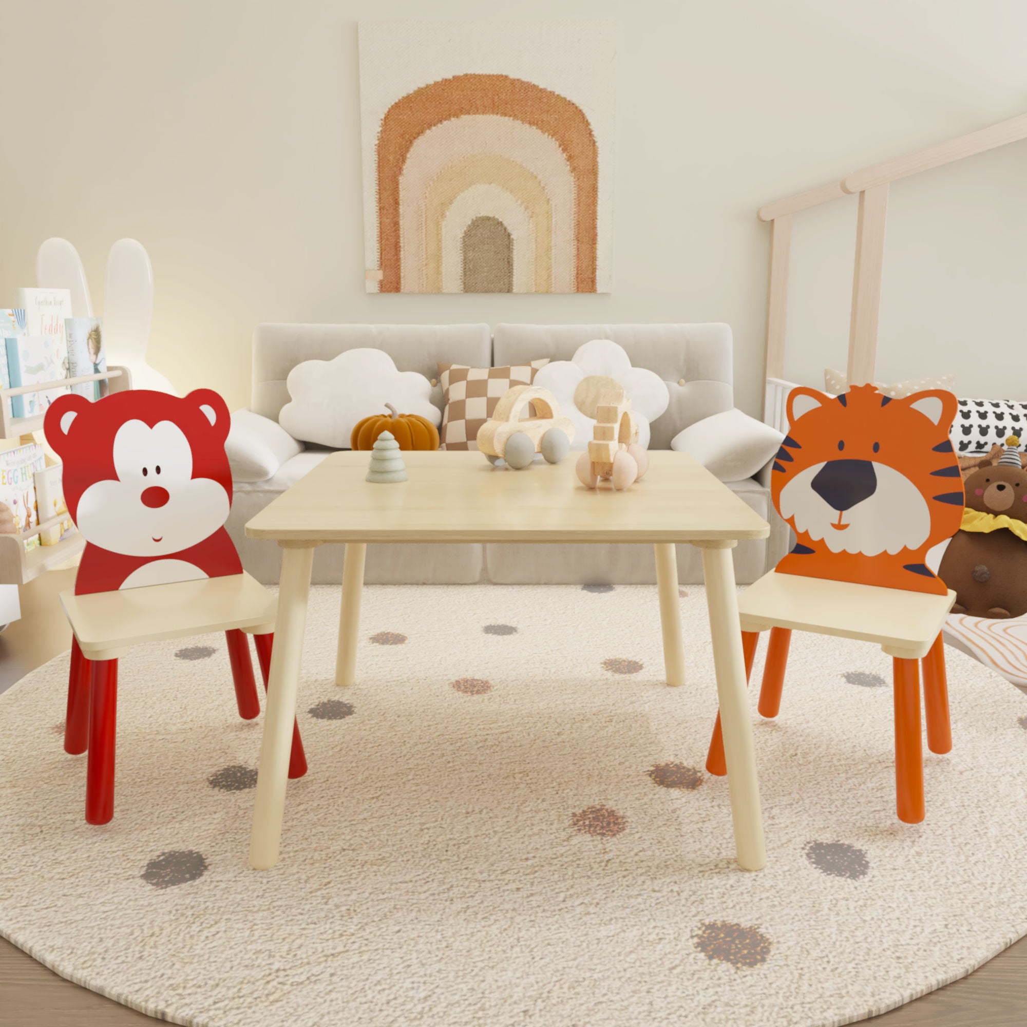 Table And 2 Chairs Set, Activity Play Table Set With Bear & Tiger Design - Natural