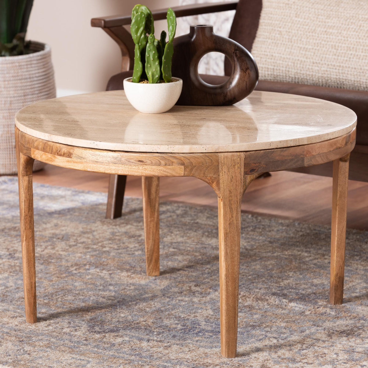 Prospero Round Travertine Coffee Table - Modern Accent Table with Mango Wood Frame for Living Room or Seating Areas