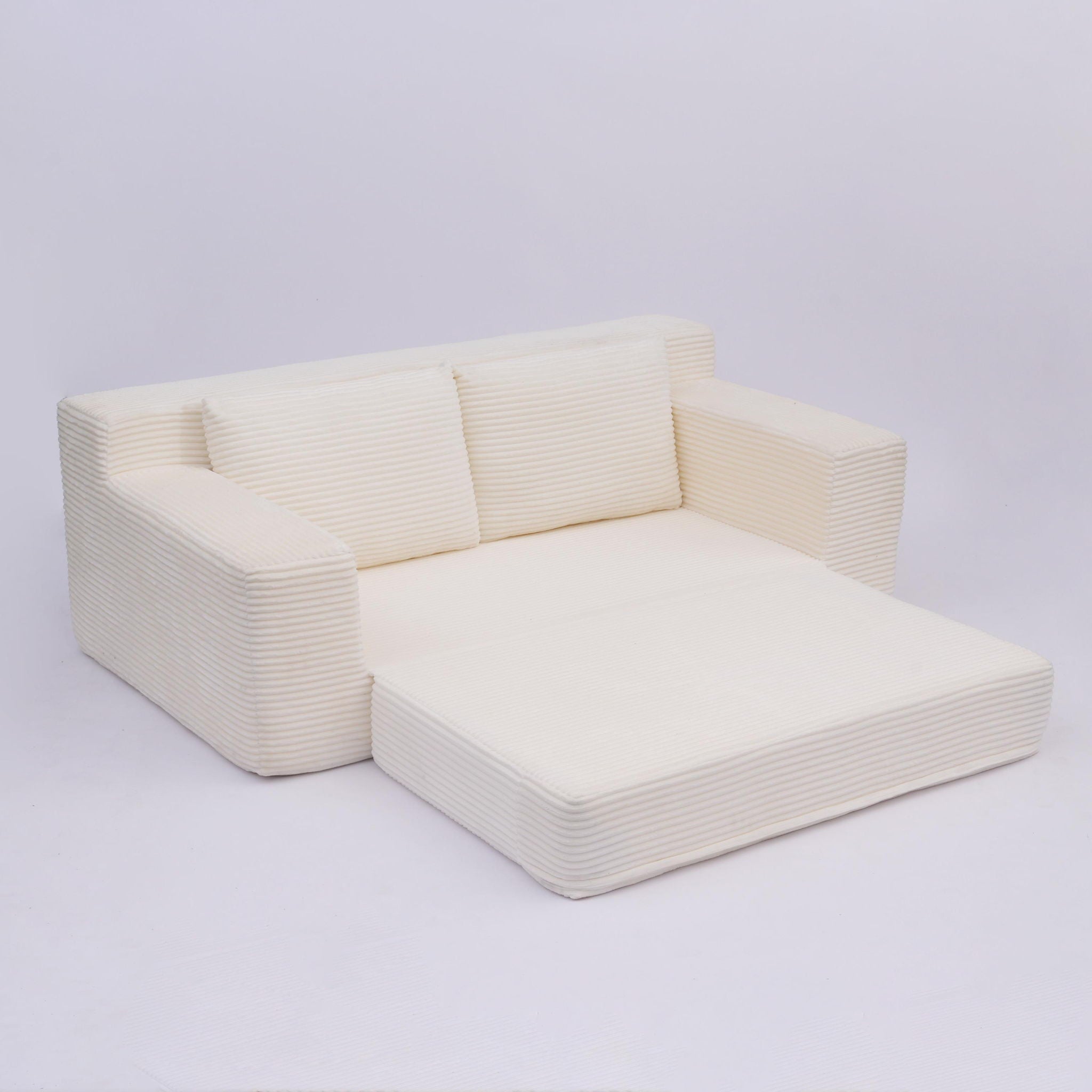 Loveseat Sofa, Comfortable Deep Seat Sofa Bed, Modern Small Corduroy Couch For Living Room Bedroom,Reversible Cushion With Pillows,No Assembly Required,White