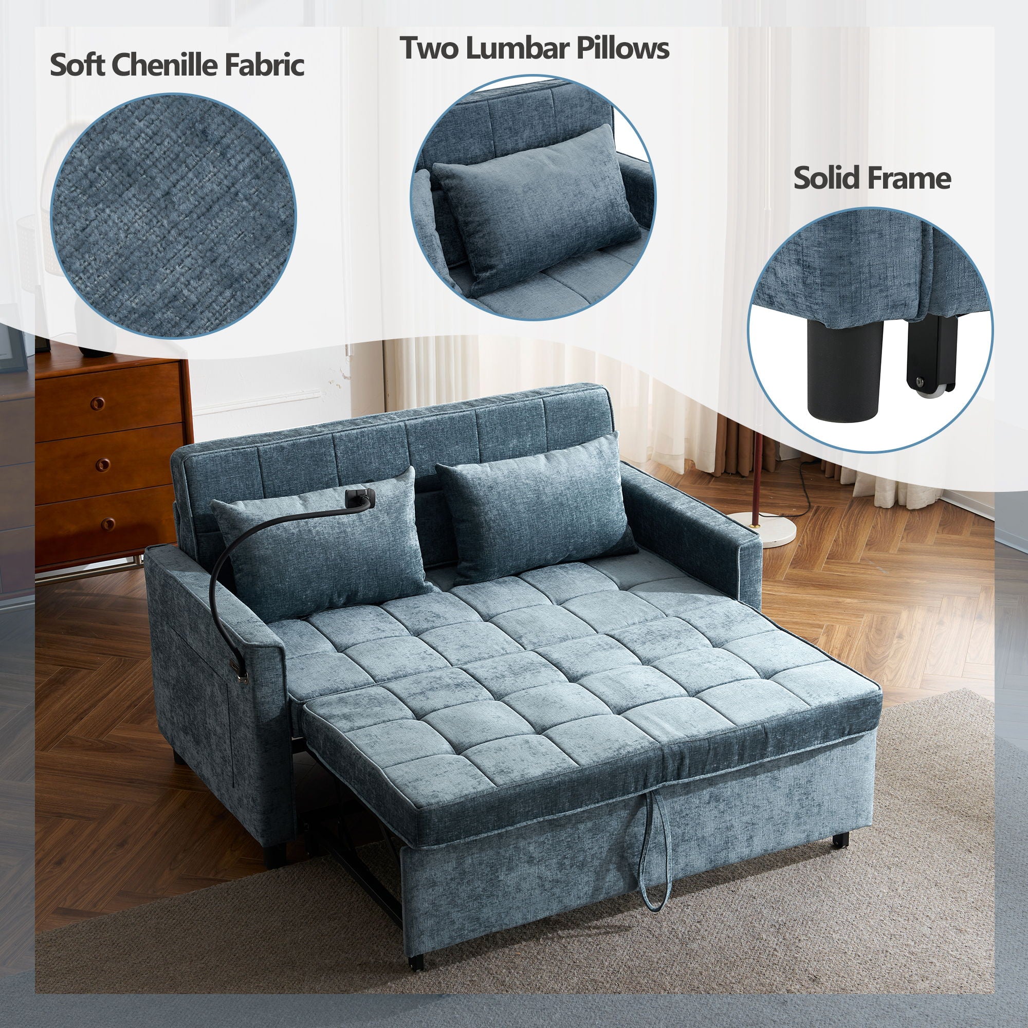 Pull-Out Sleeper Sofa With Reversible Backrest Cushion, Side Pockets, 2 USB Ports And A Phone Holder For Living Room