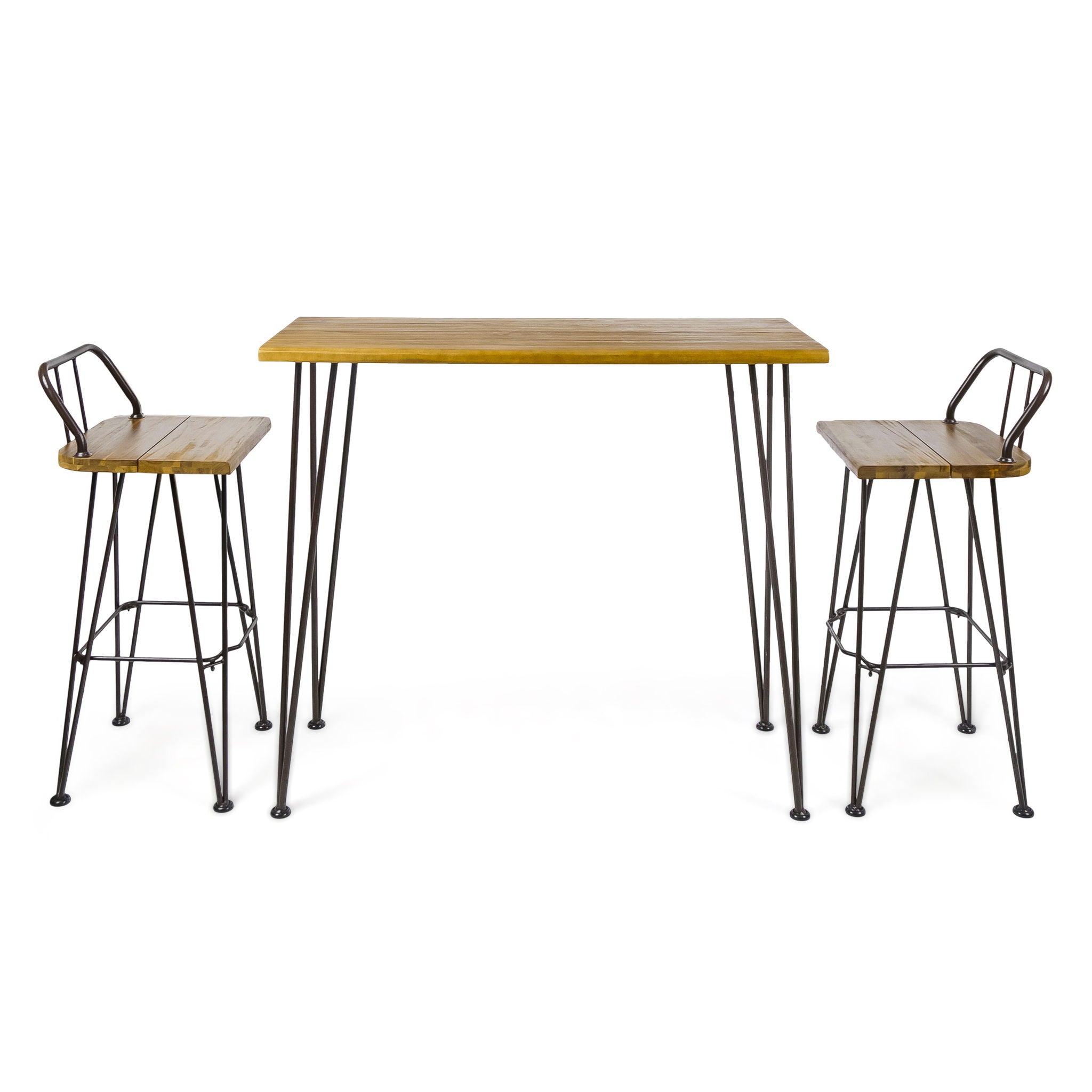 Dione Outdoor Industrial Acacia Wood Bar Set With Metal Frame And Slat Paneling - Brown