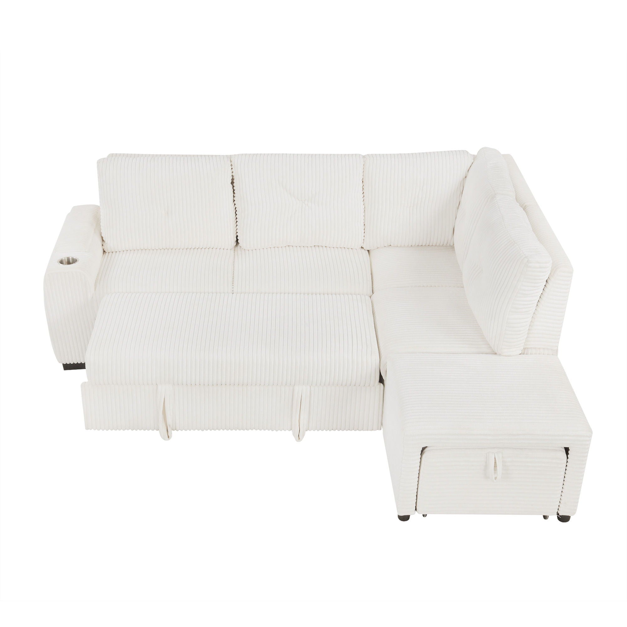 Pull-Out L-Shaped Sectional Sofa With Movable Ottoman And Stool, Large Storage Space, A Cup Holder, And 2 USB Ports For Living Room