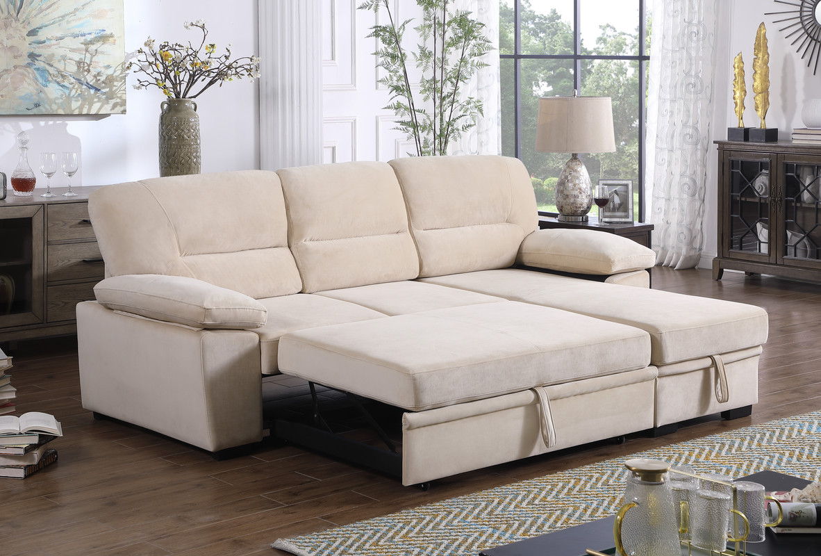 Kipling 97.5"W Beige Velvet Fabric Reversible Sleeper Sectional Sofa Chaise