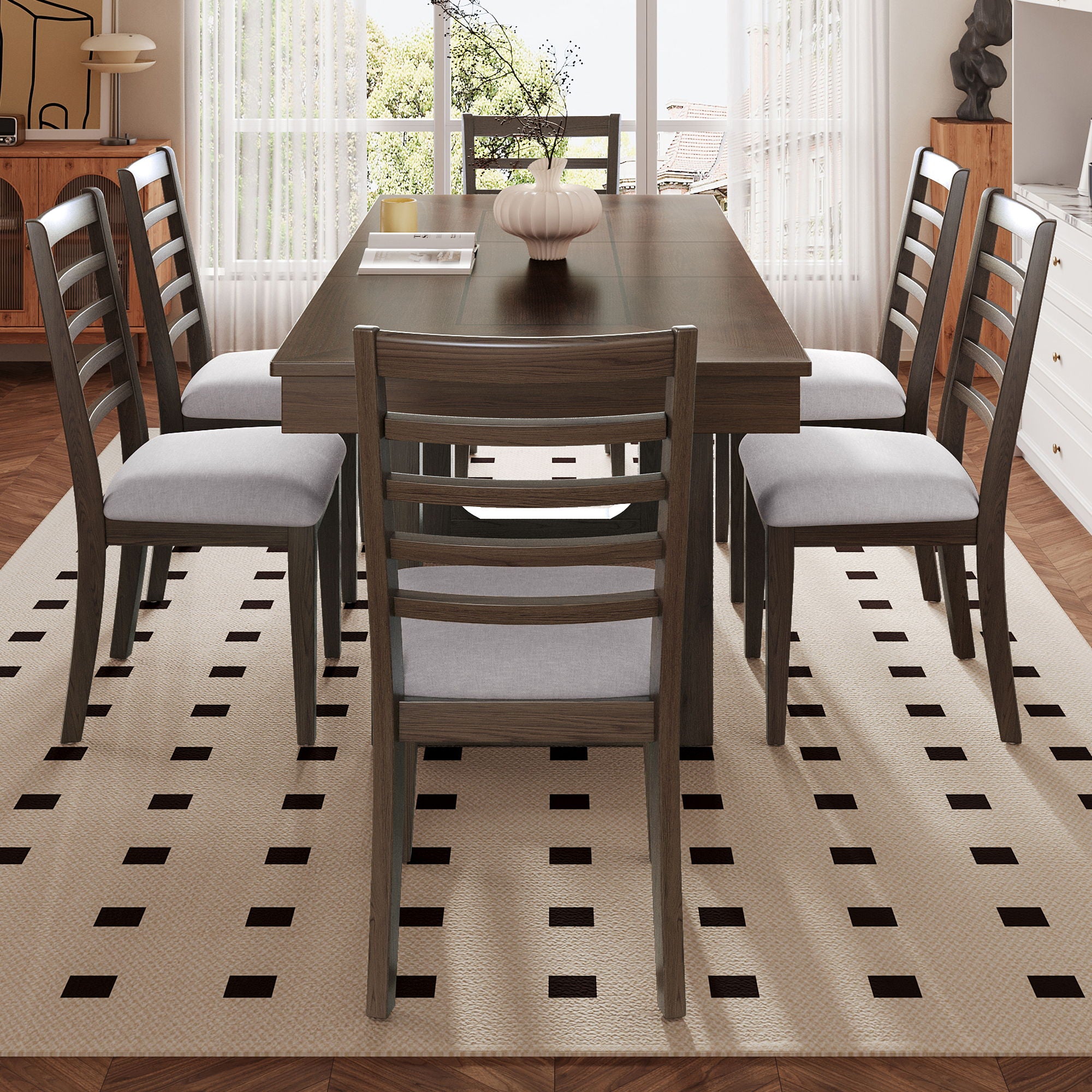 Extendable Dining Set, Farmhouse Extendable Table With Upholstered Chairs