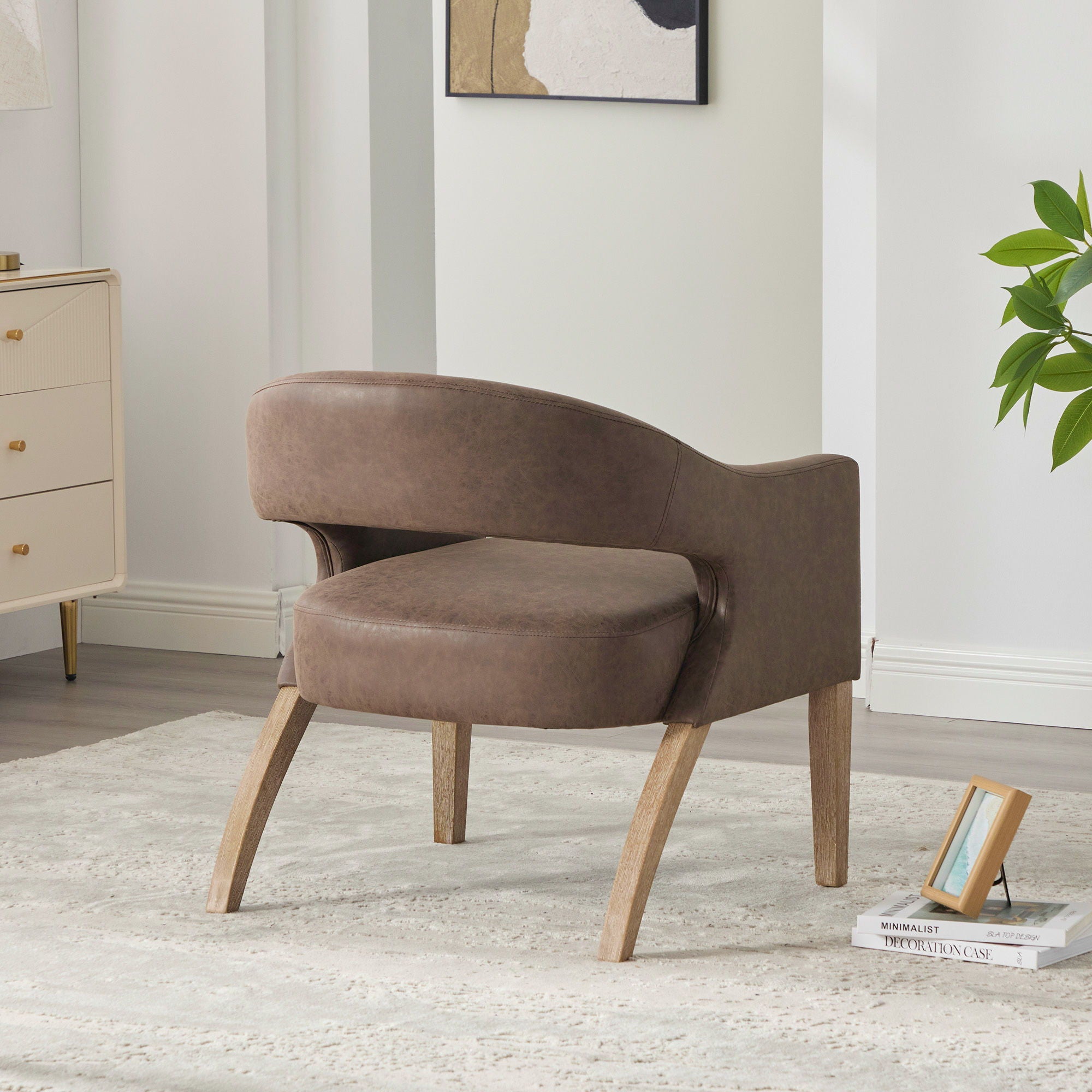 Upholstered Open Back Armchair With Weathered Rubberwood Legs