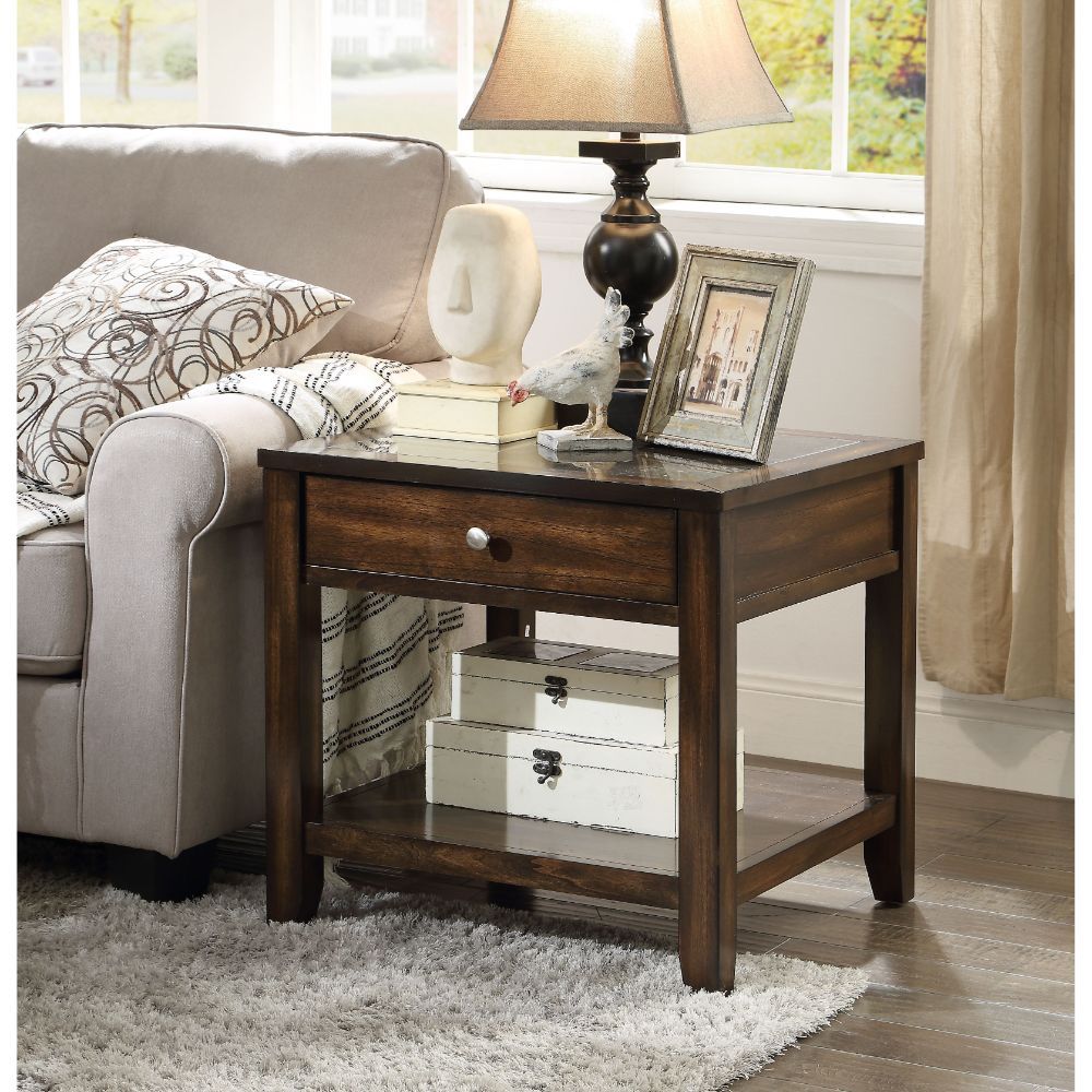 ACME Cilnia - End Table - Marble & Walnut | Meri Furniture