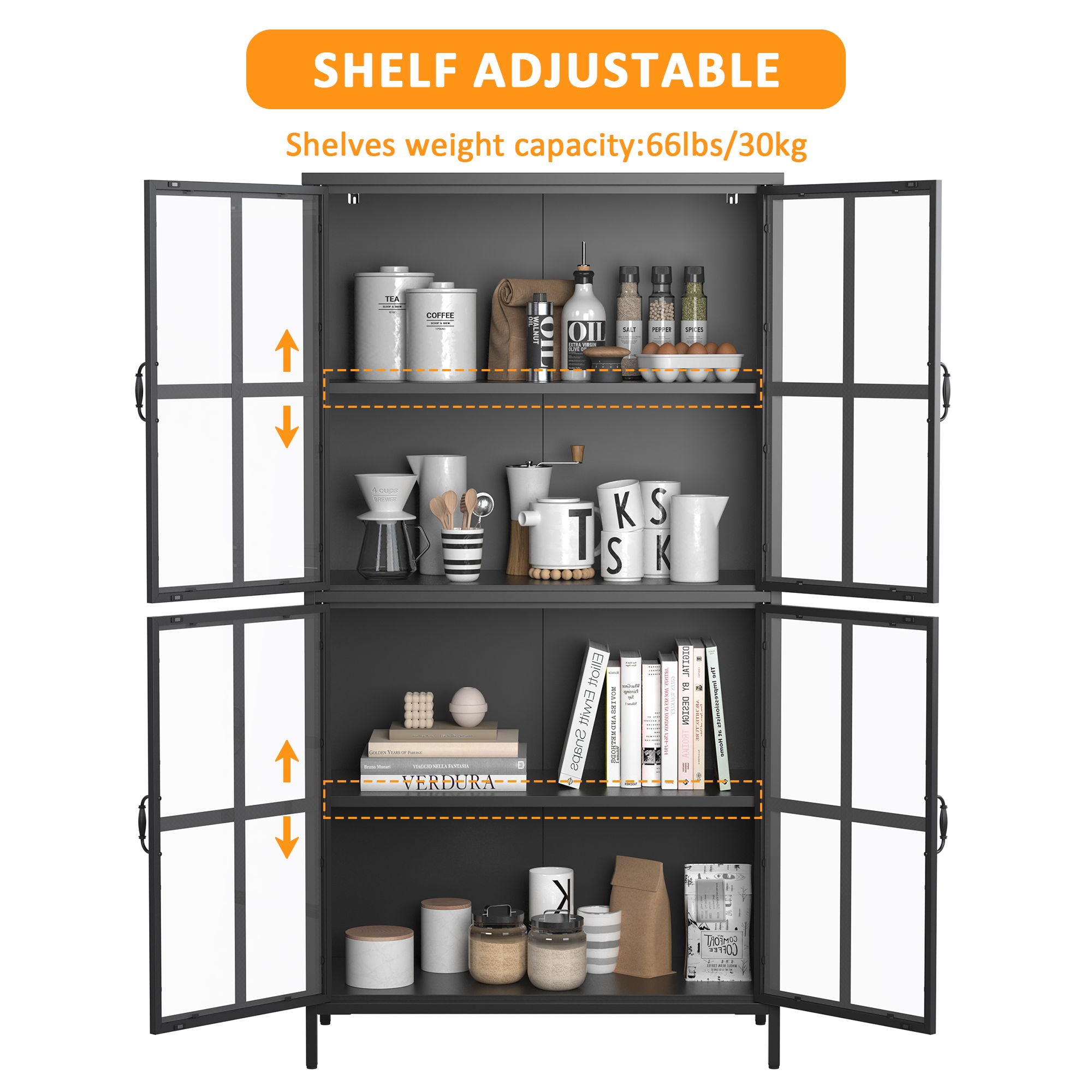 Premium Metal Storage Cabinet With Tempered Glass Doors, Adjustable Shelves, And Anti Tipping Device - Black
