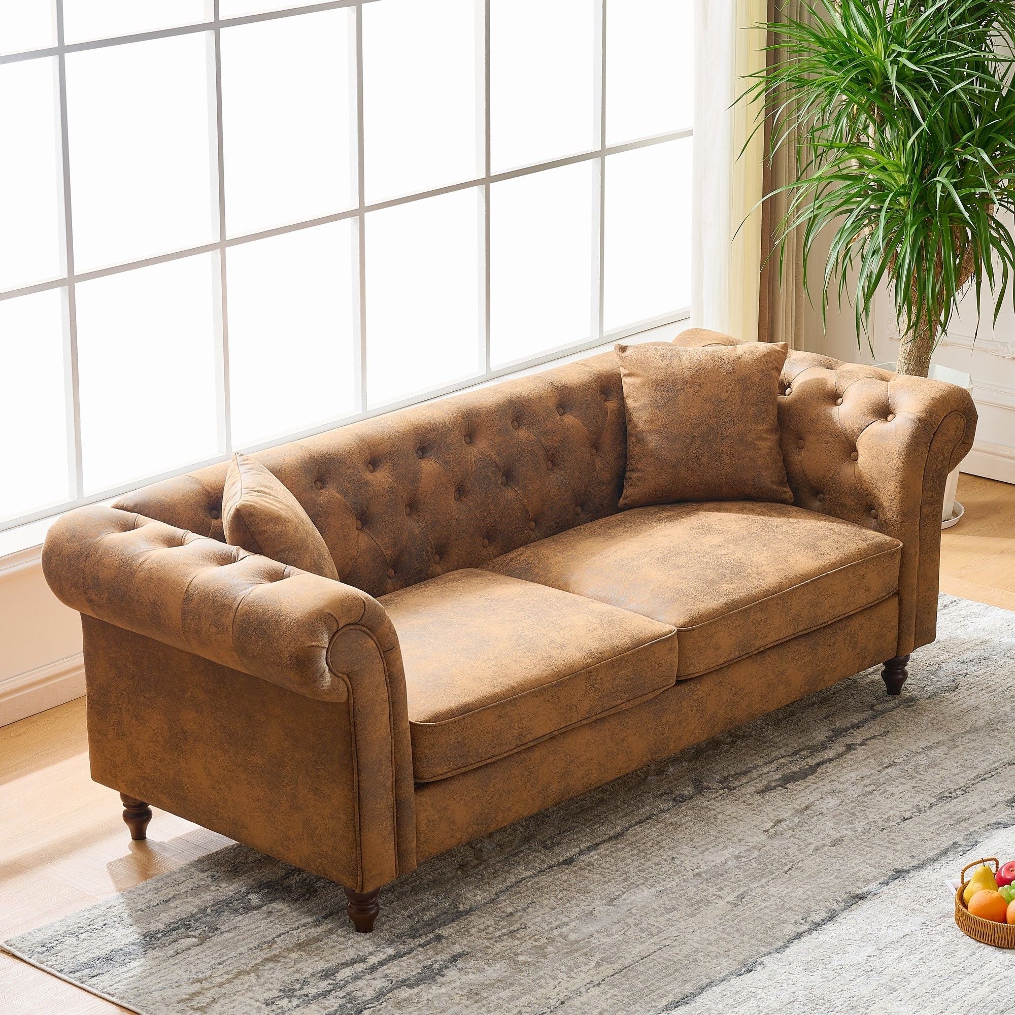 Chesterfield Sofa, High Roll Armrest Sofa, Upholstered Mid Century Modern Couch, 3 Seater Couch - Brown