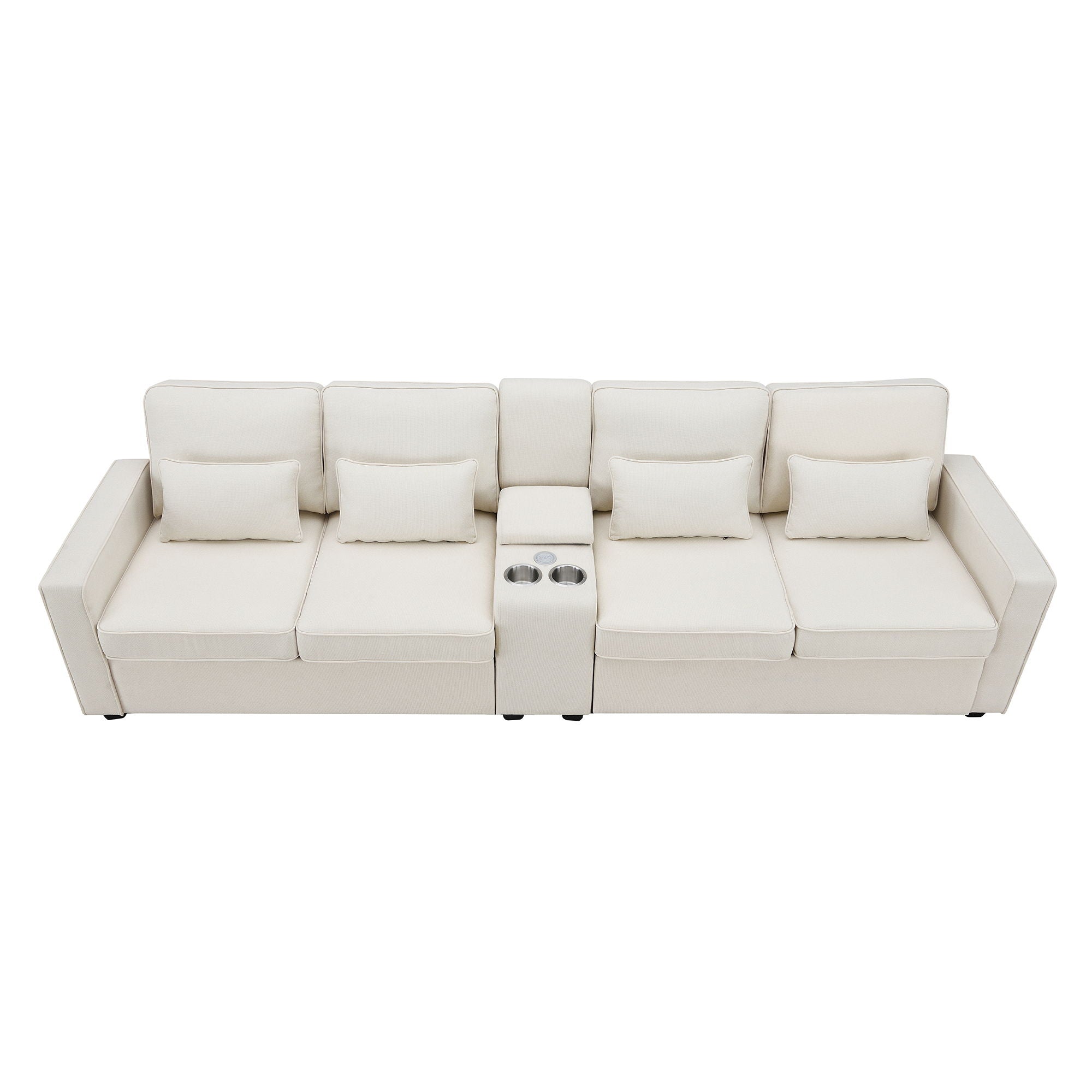 Upholstered Sofa With Console, 2 Cupholders And 2 USB Ports Wired Or Wirelessly Charged, Modern Linen Fabric Couches With 4 Pillows For Living Room, Apartment (4-Seat)