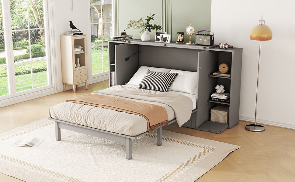 Murphy Bed With Shelves, Drawers And USB Ports