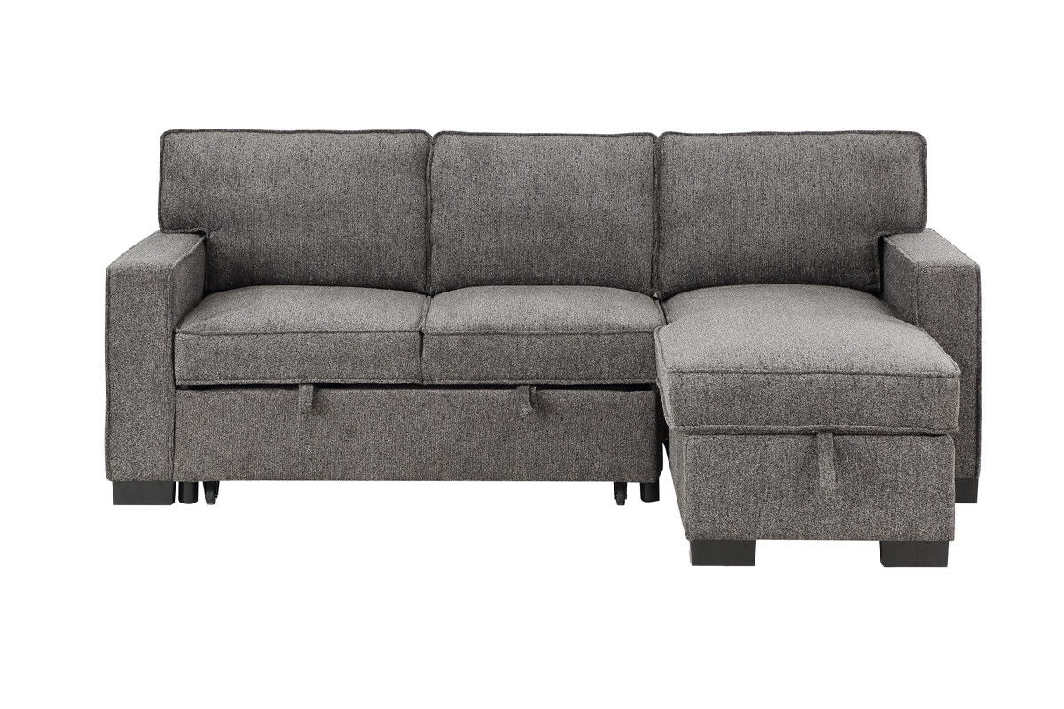 Estelle 86.5"W Dark Gray Fabric Reversible Sleeper Sectional with Storage Chaise Drop-Down Table 2 Cup Holders and 2 USB Ports