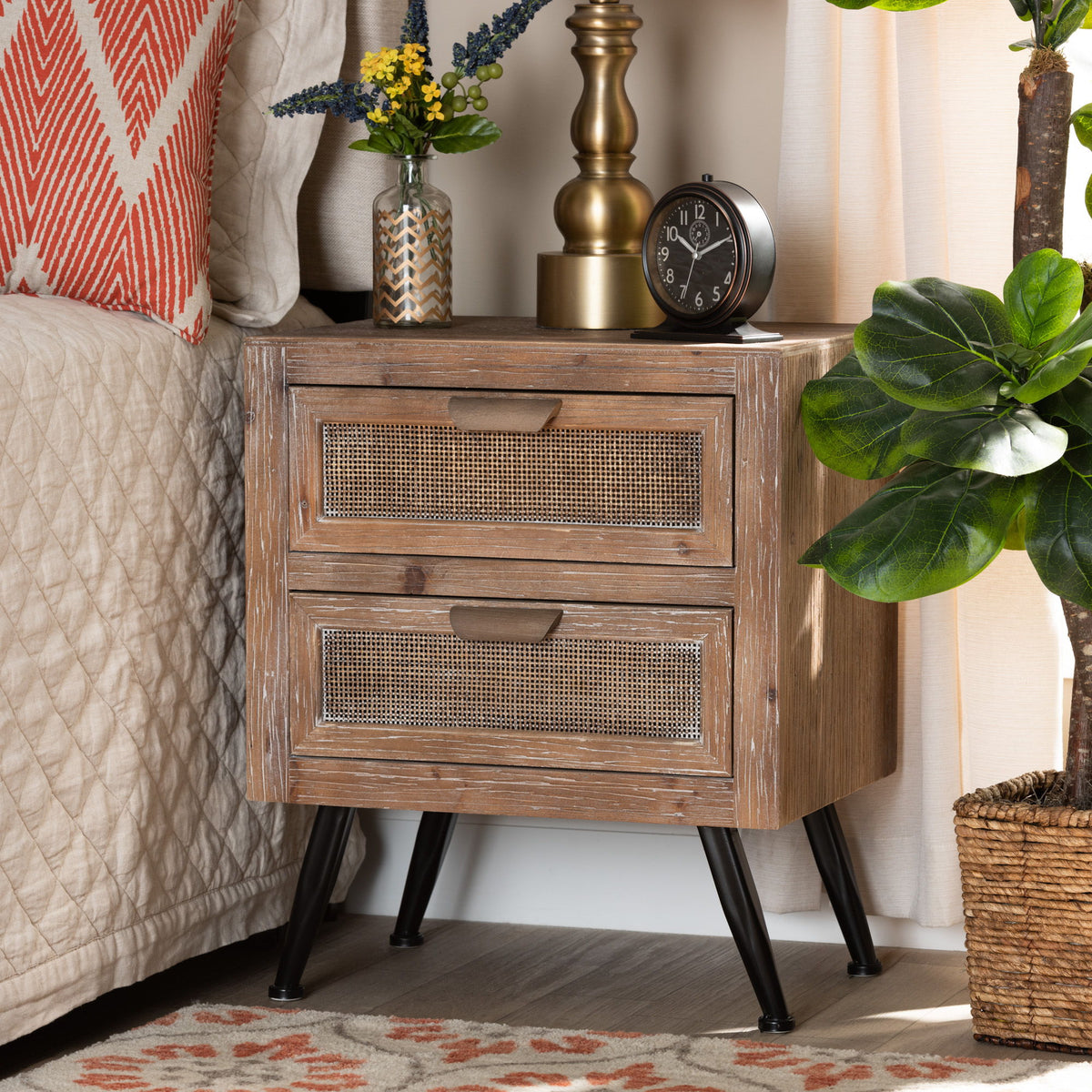 Calida Mid-Century Modern Whitewashed Natural Brown Finished Wood and Rattan 2-Drawer End Table