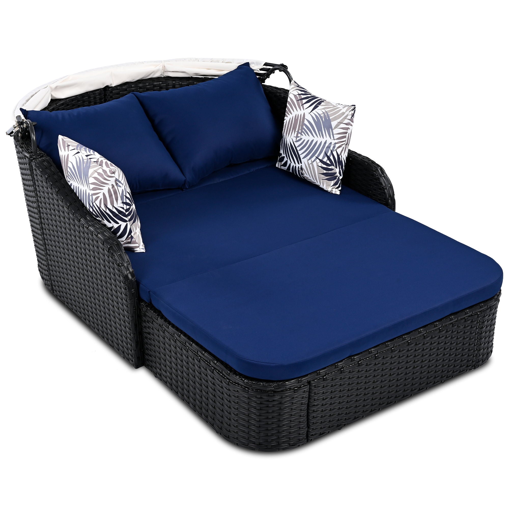 Outdoor Sunbed With Adjustable Canopy, Daybed With Pillows, Double Lounge, PE Rattan Daybed