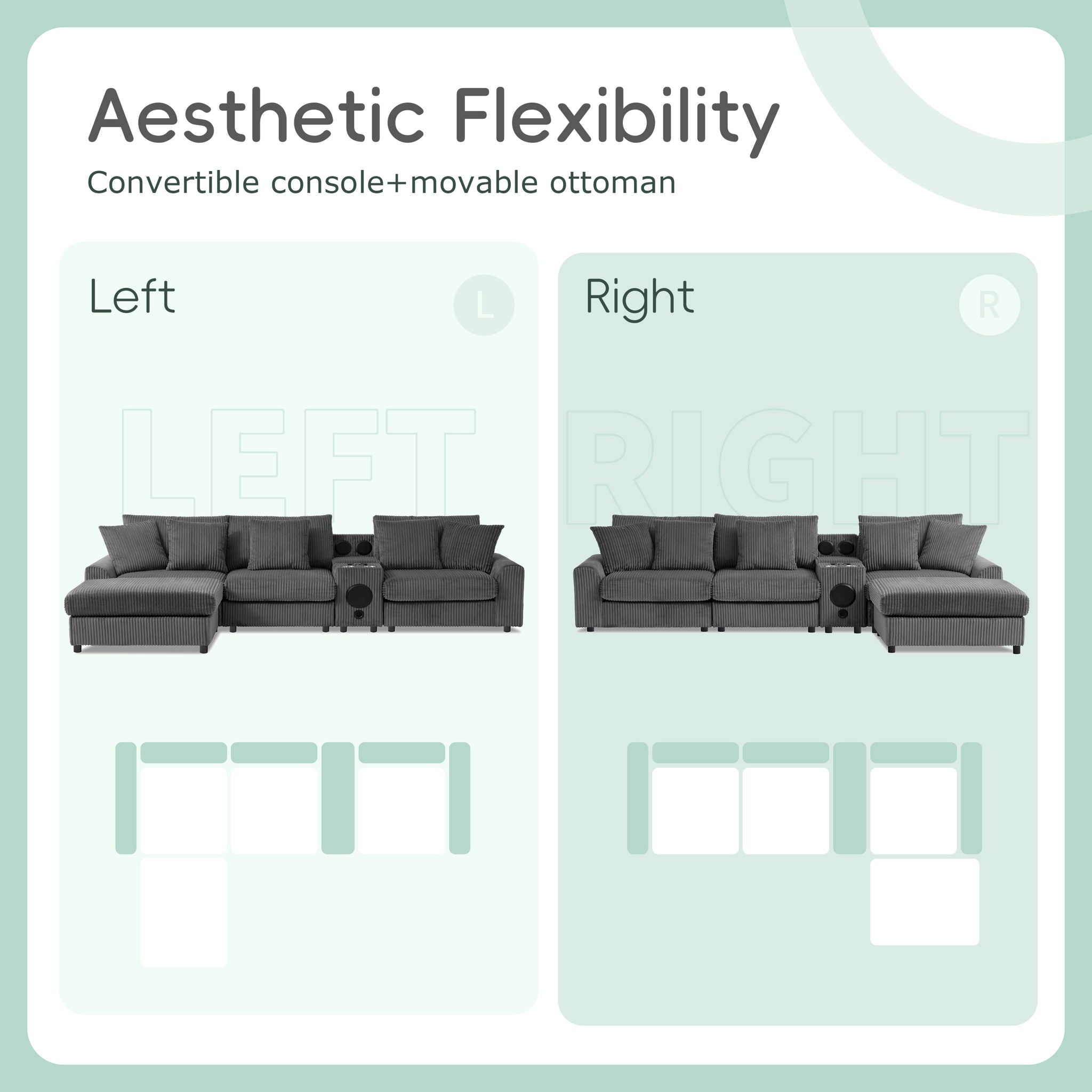 Sectional With Bluetooth Speakers L Shaped Couch With Console USB Charger, Cup Holders Storage Ottoman Deep And Wide Seat Cloud Sofa