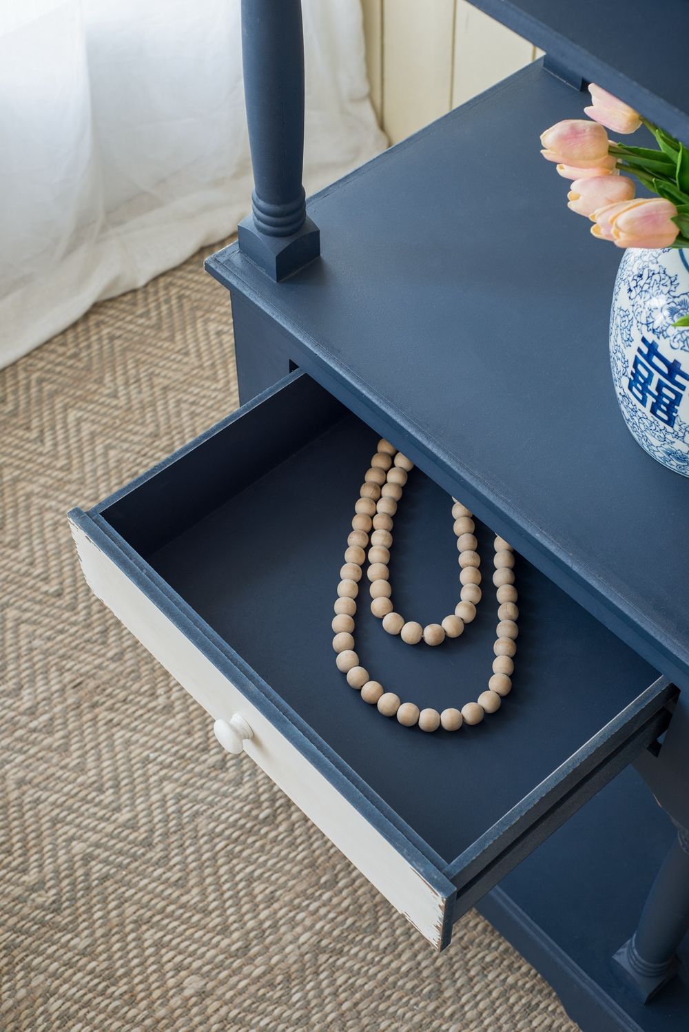 4 Tiered Wooden Shelf With Two Drawers, Farmhouse Wood Bookcase Display Storage Shelf Etageres - Antique Navy Blue