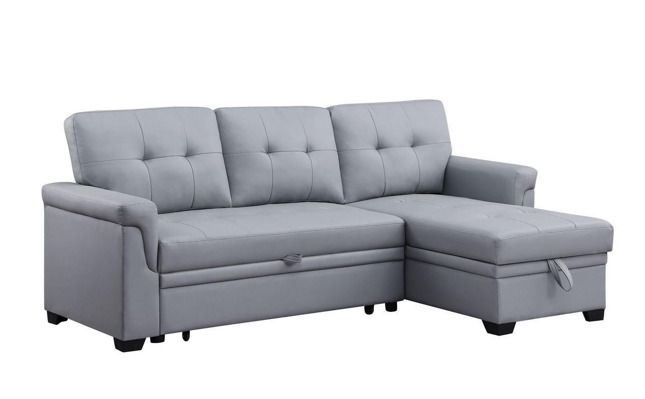 Lucca 84"W Gray Vegan Leather Modern Reversible Sleeper Sectional Sofa with Storage Chaise