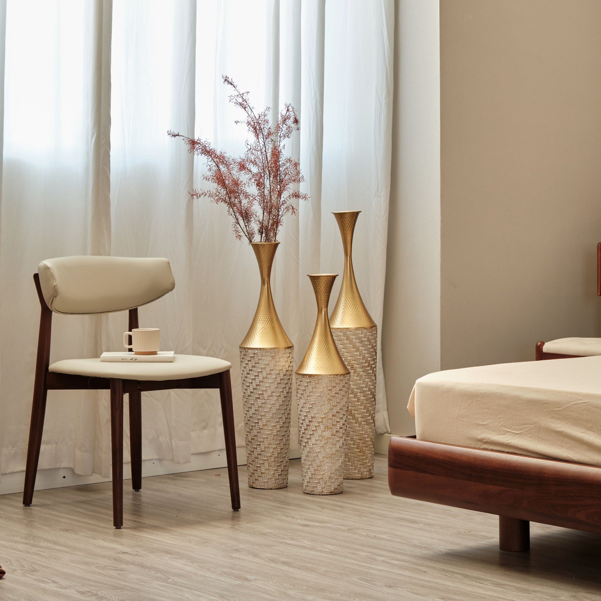 Floor Metal Vase Modern Style Decoration Home Woven Pattern Metal Vase 3 Piece Set Gorgeous Home Decoration Large Glazed Metal Vase - Champagne