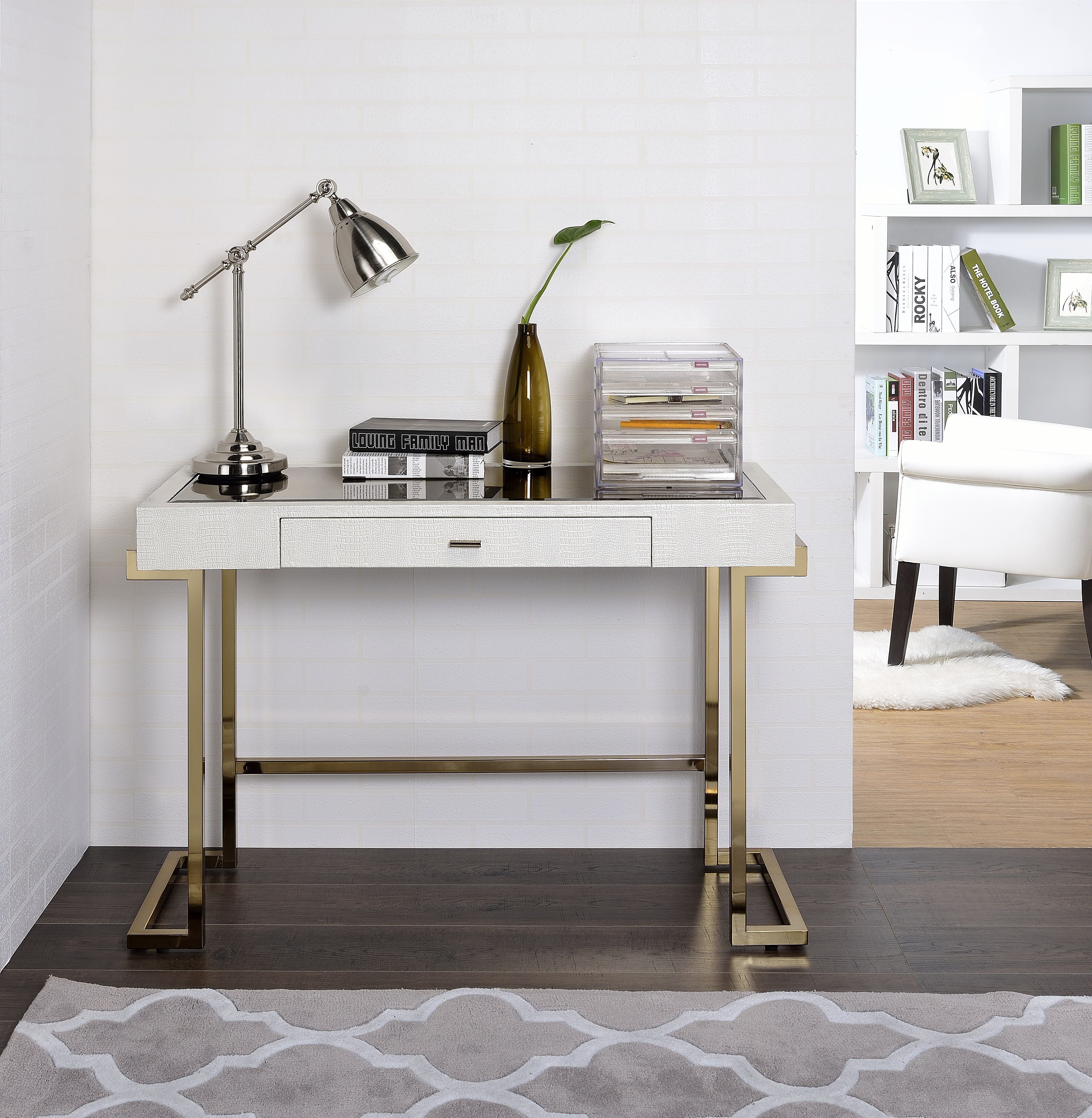ACME Boice - Vanity Desk - White PU & Champagne Finish | Meri Furniture