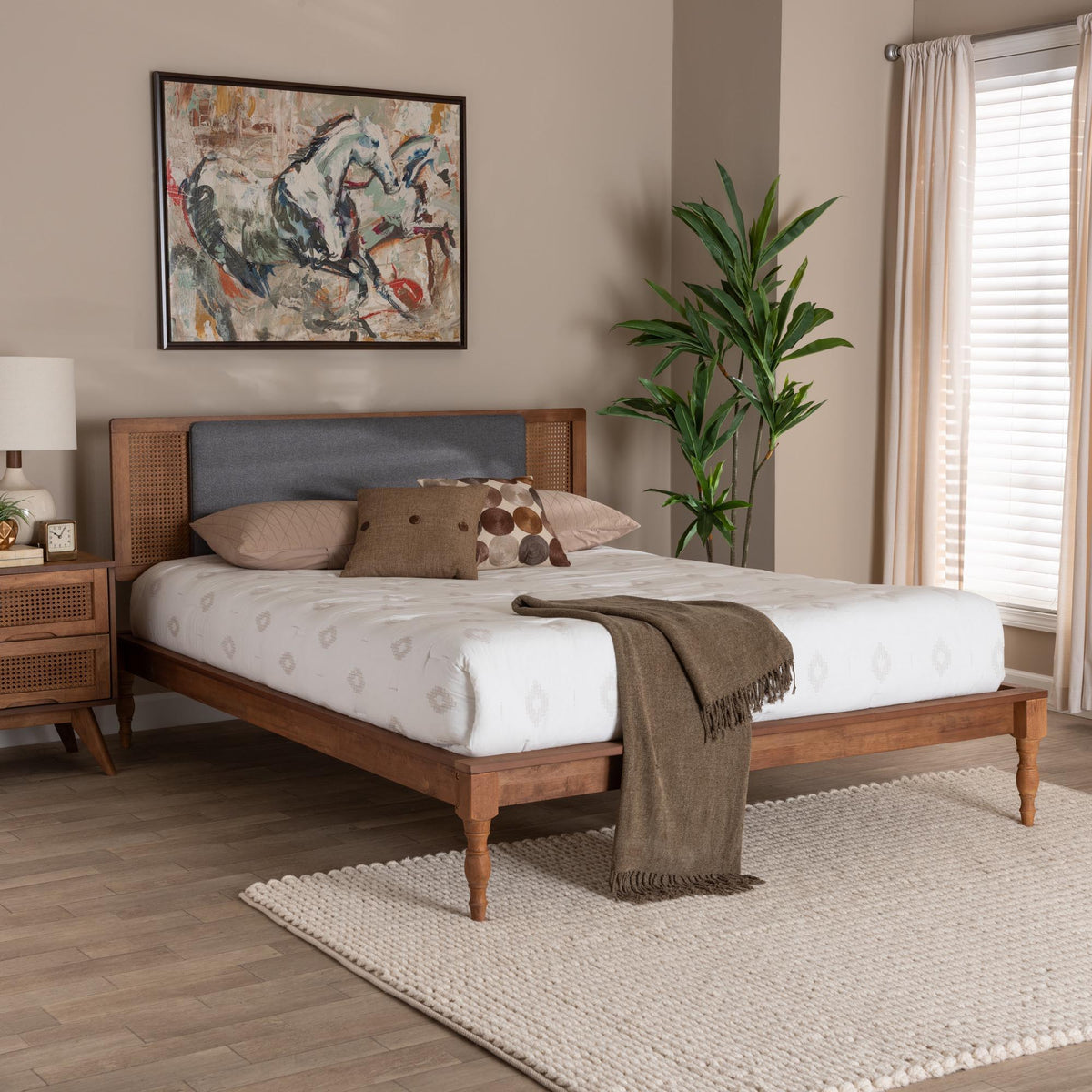 Eliseo Mid-Century Modern Dark Grey Fabric and Walnut Brown Finished Wood King Size Platform Bed