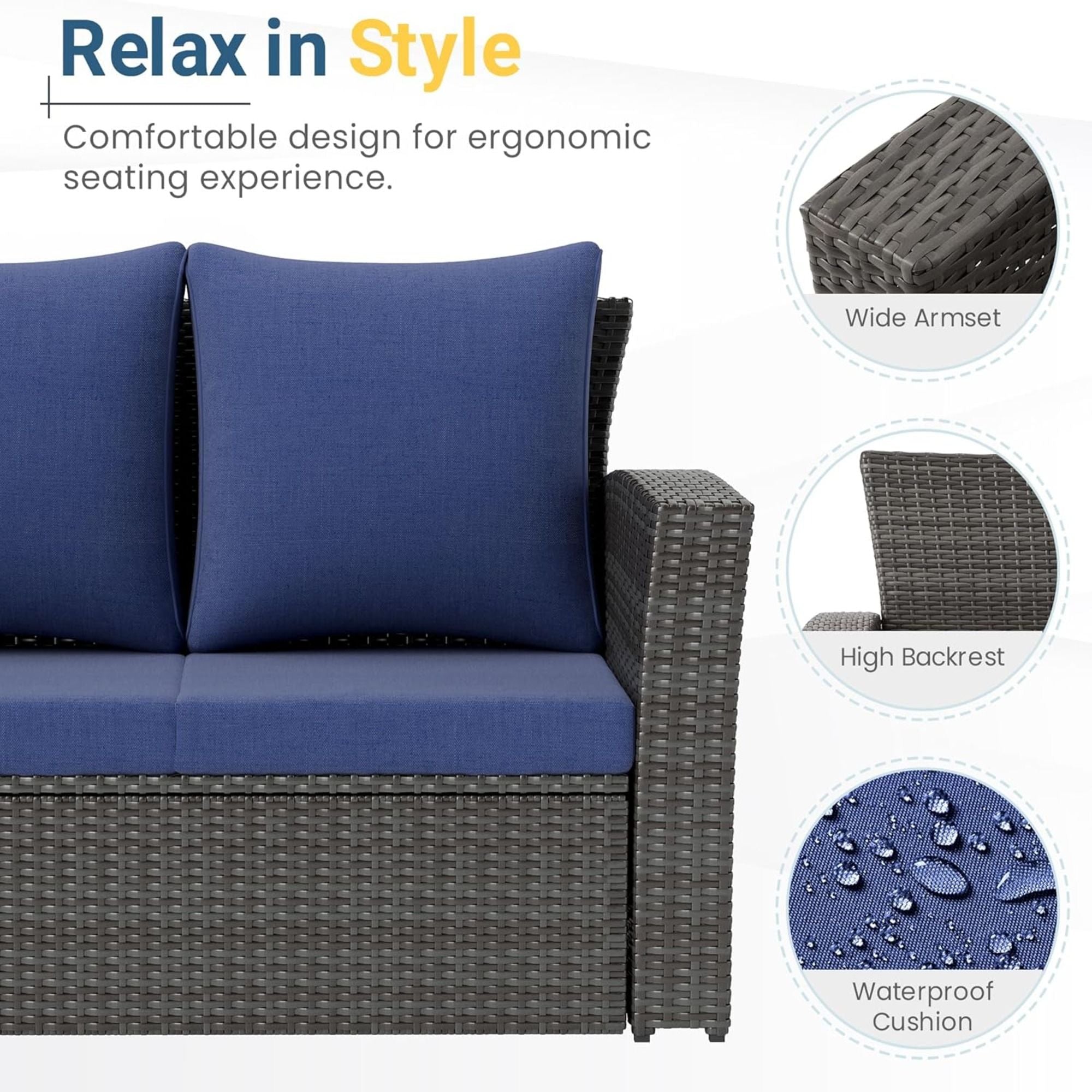All-Weather Wicker 3 Seat Patio Sofa With Thick Cushions