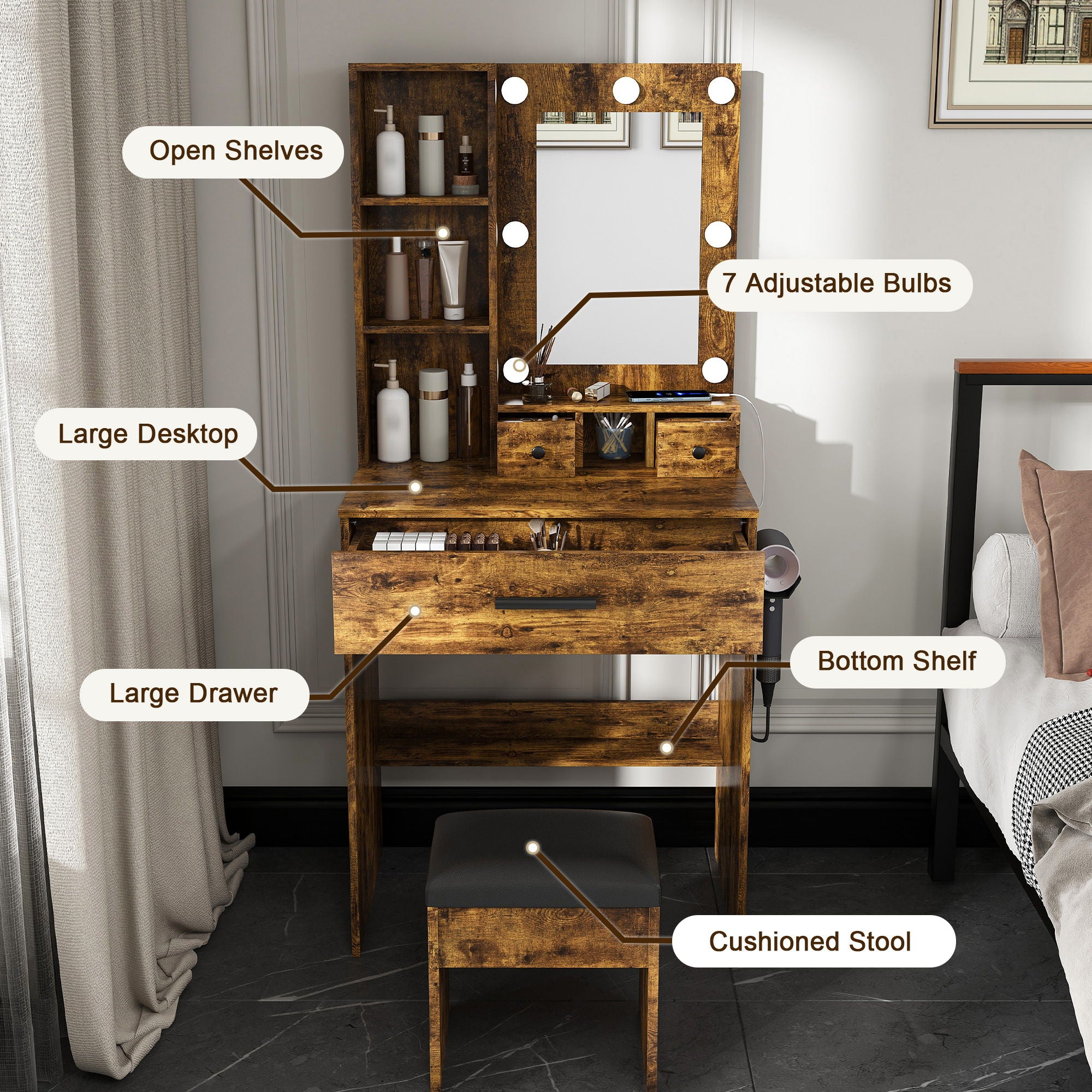 Vanity Table With Mirror, Adjustable LED Lights, Power Outlet, Hairdryer Holder & Stool