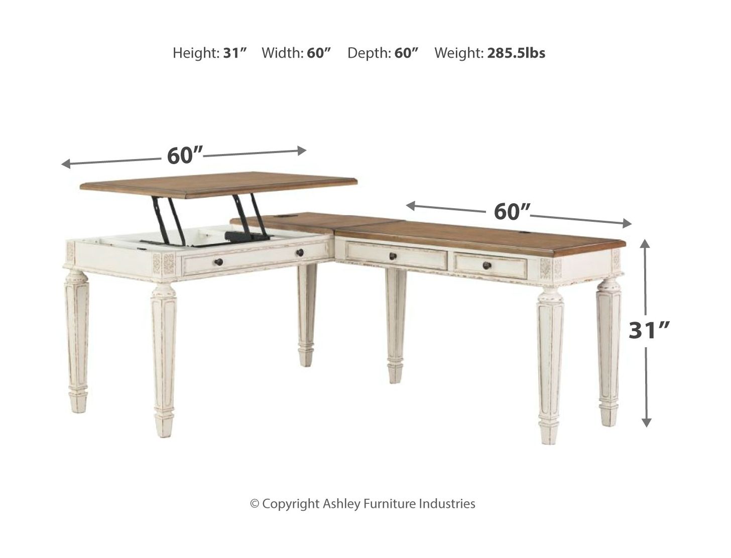 Signature Design by Ashley® Realyn - White / Brown - L Shaped Desk With Lift Top | Meri Furniture