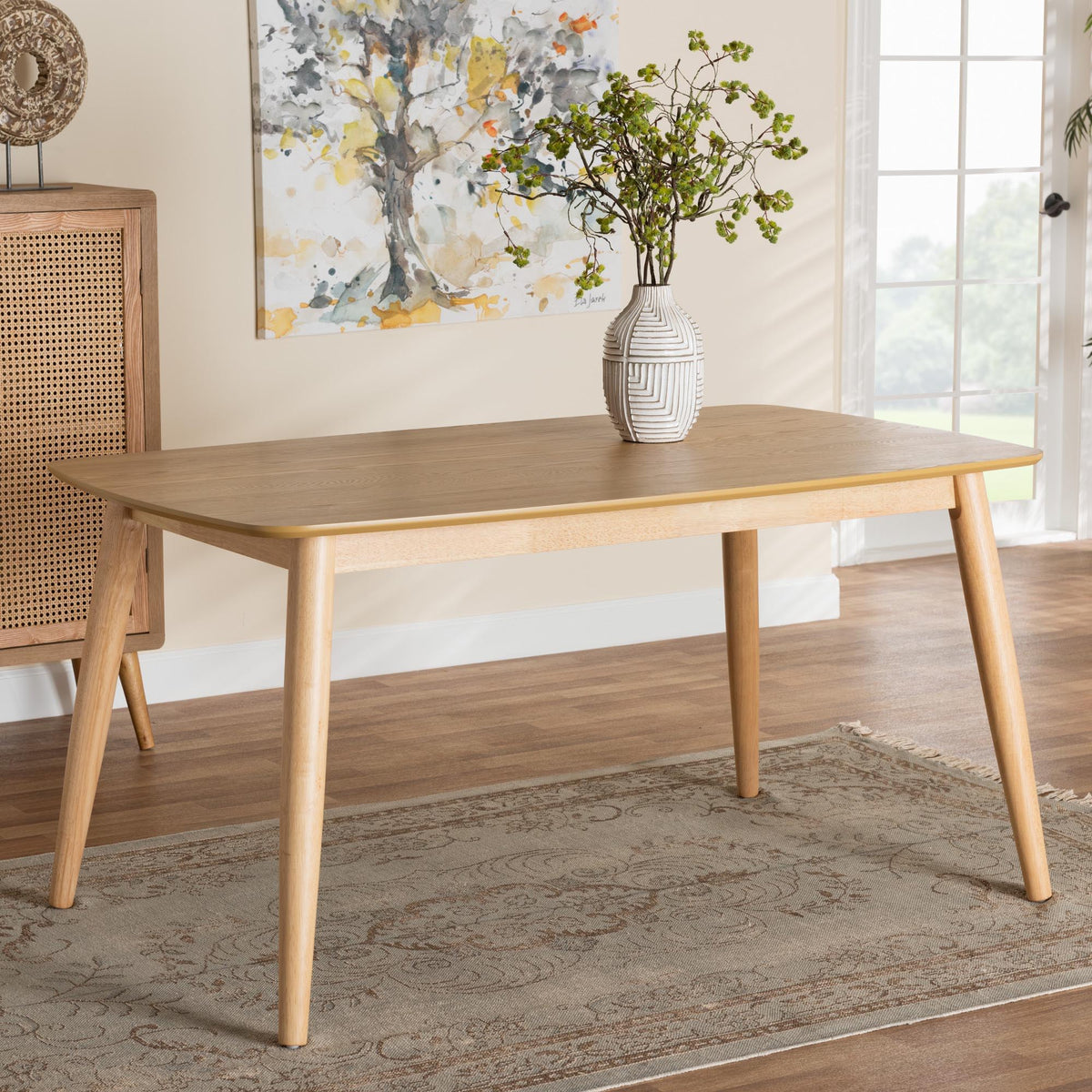 Flora Mid-Century Modern Natural Oak Finished Wood Dining Table