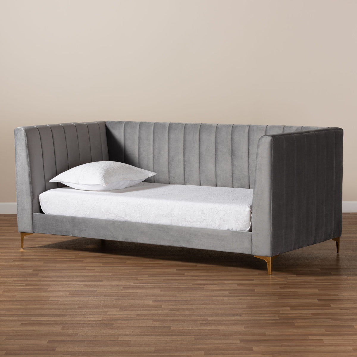 Oksana Modern Contemporary Glam and Luxe Light Grey Velvet Fabric Upholstered and Gold Finished Twin Size Daybed