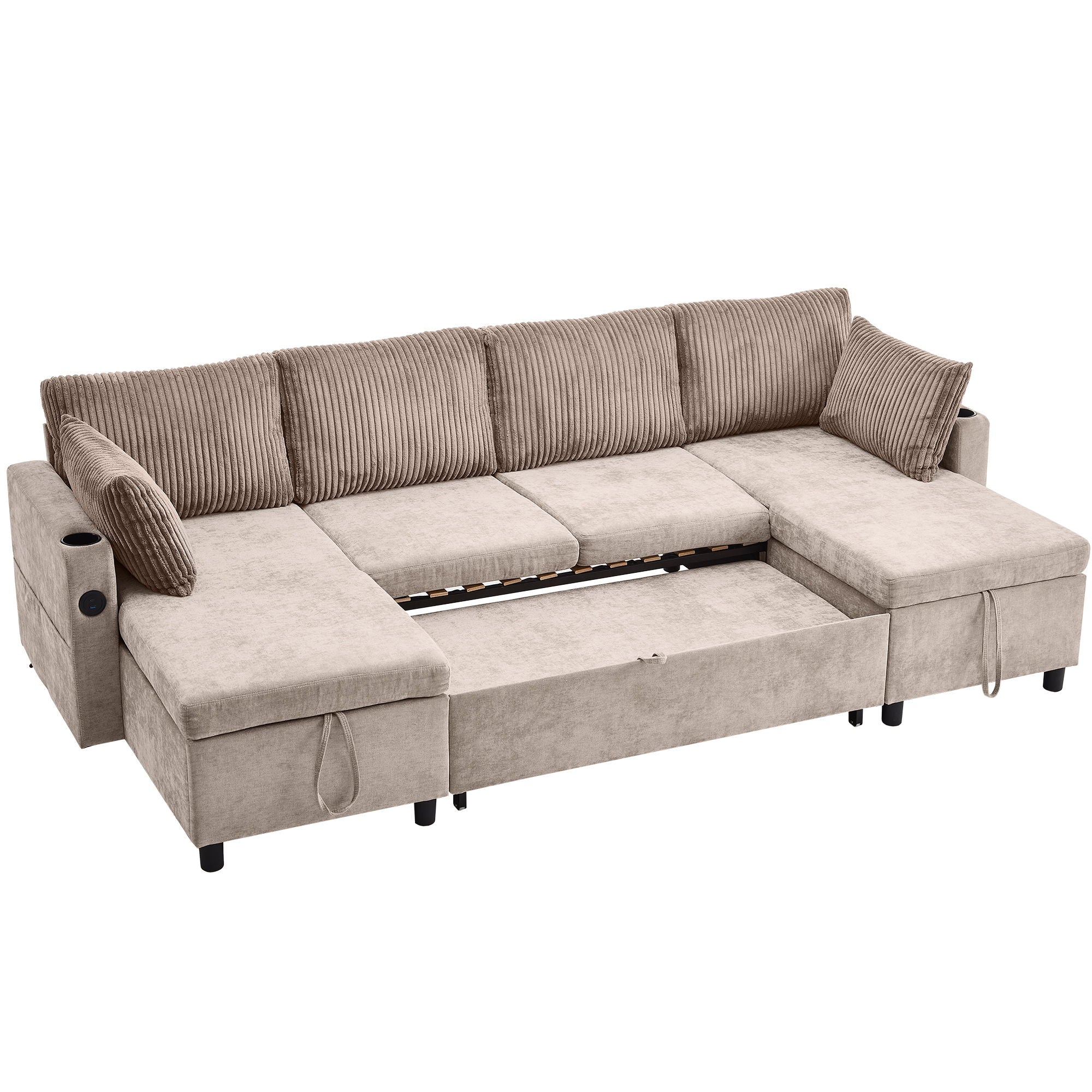 Sectional Sofa Bed With Pull Out Sleeper, USB Ports, Cup Holders
